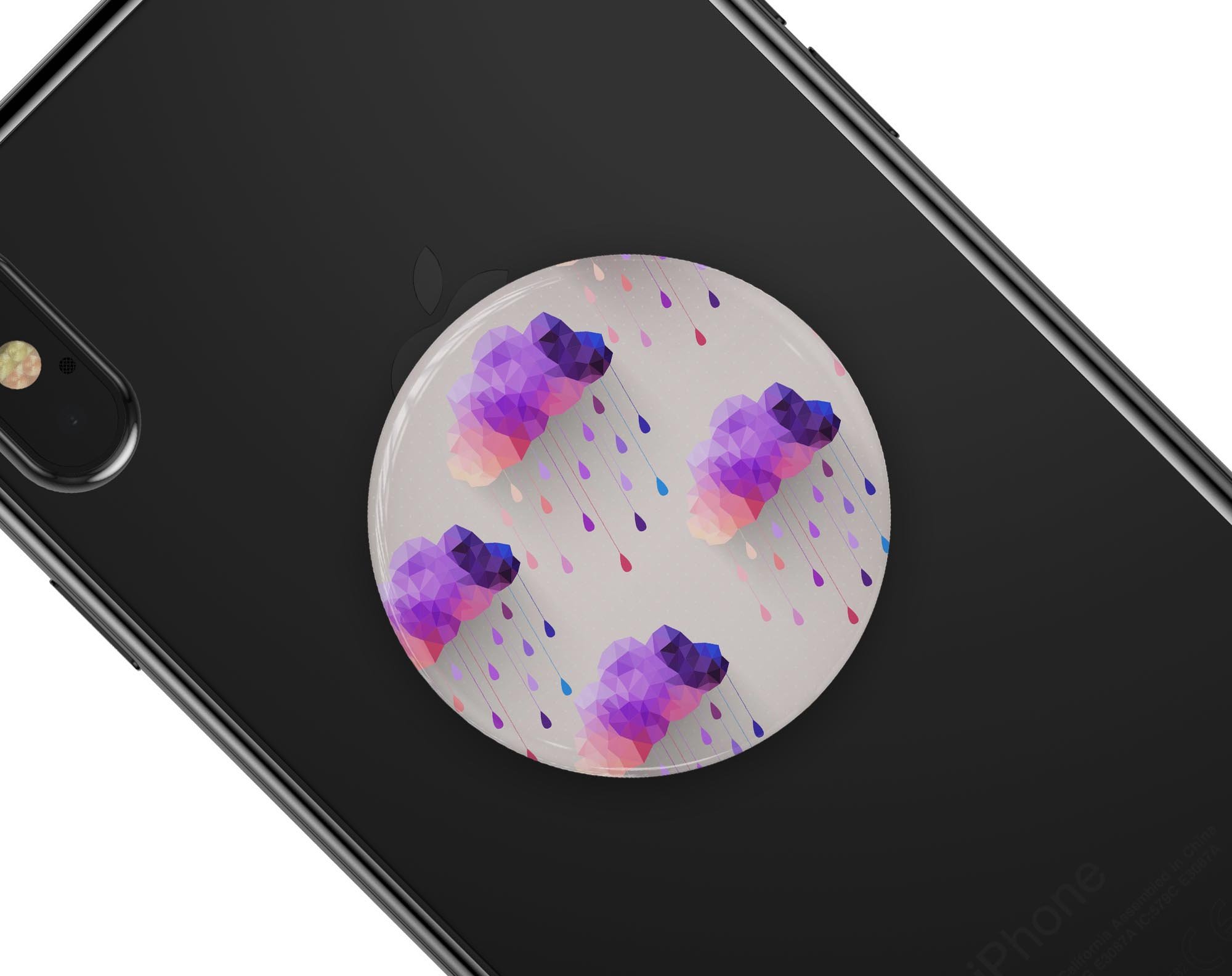 Geometric Rain Clouds Skin Kit for PopSockets, showcasing vibrant colors and patterns on a smartphone grip.