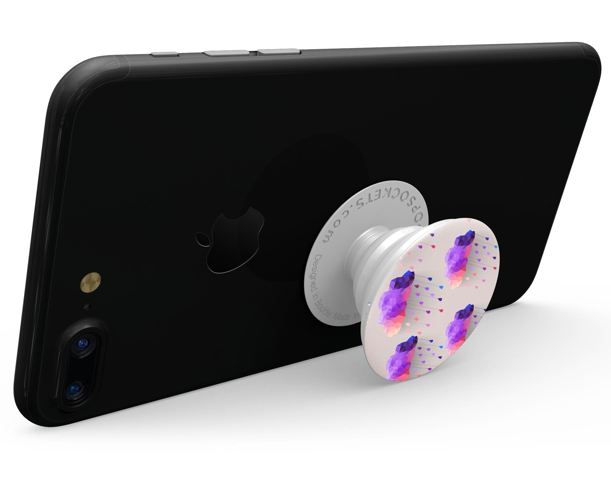 Geometric Rain Clouds Skin Kit for PopSockets, showcasing vibrant colors and patterns on a smartphone grip.