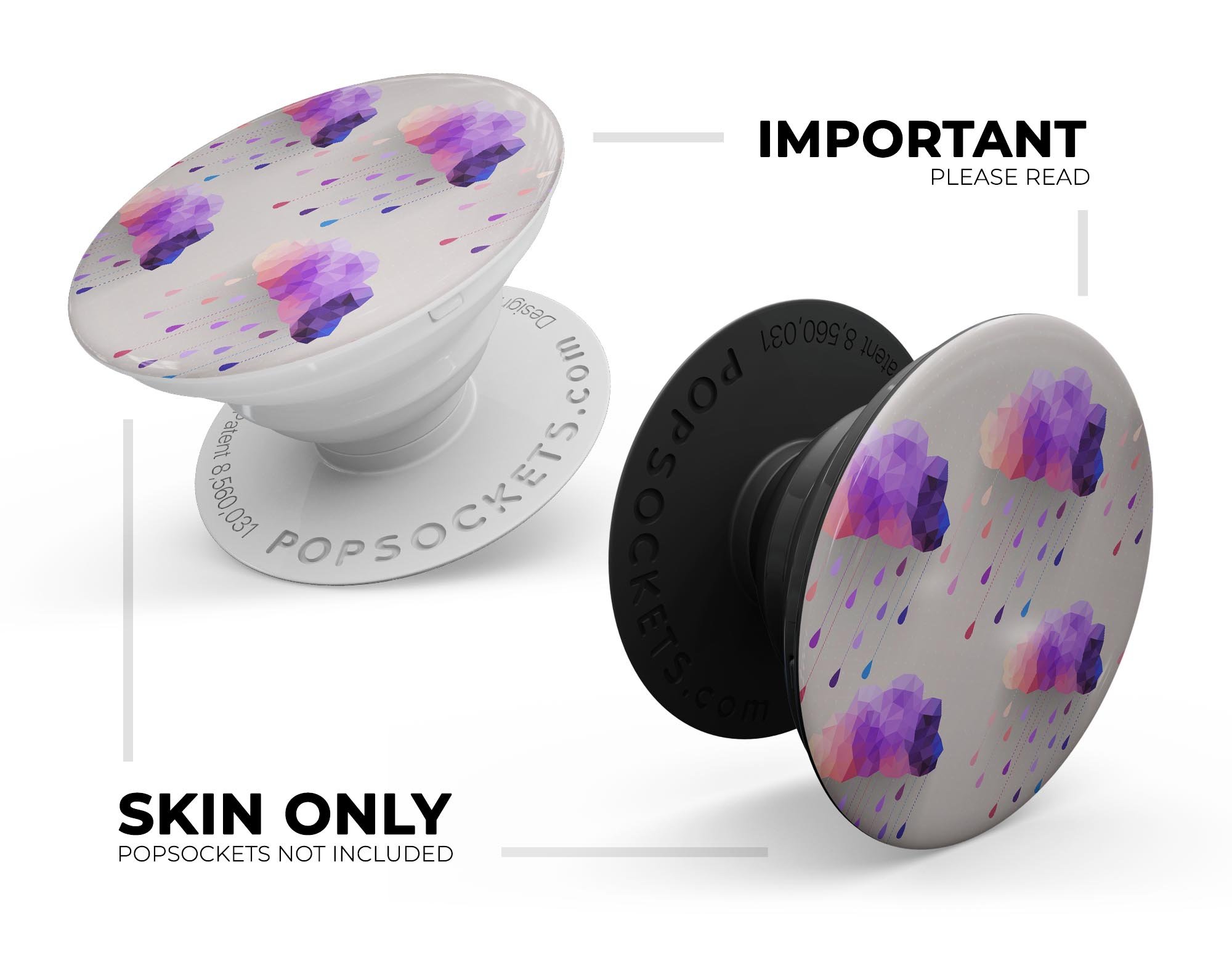 Geometric Rain Clouds Skin Kit for PopSockets, showcasing vibrant colors and patterns on a smartphone grip.