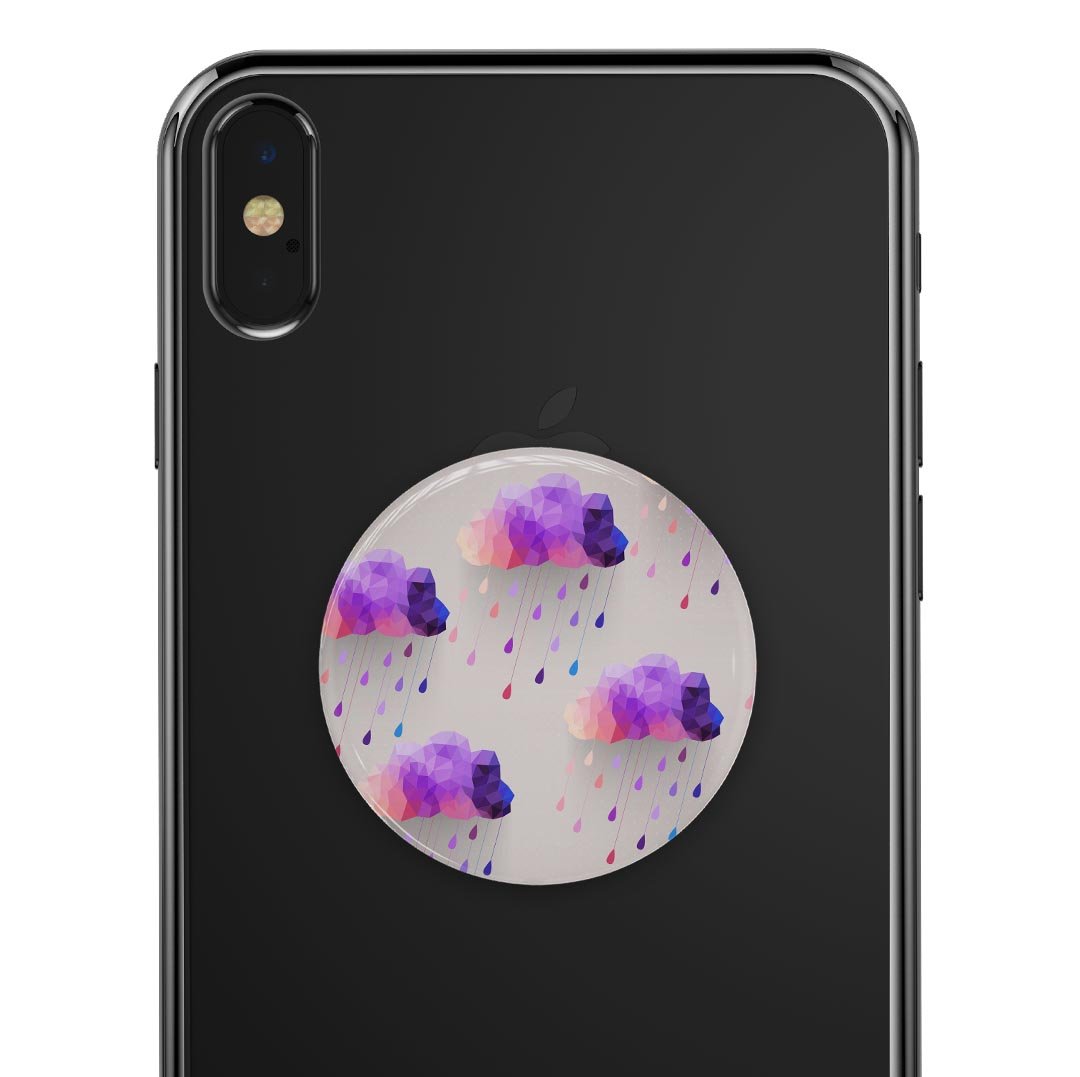 Geometric Rain Clouds Skin Kit for PopSockets, showcasing vibrant colors and patterns on a smartphone grip.