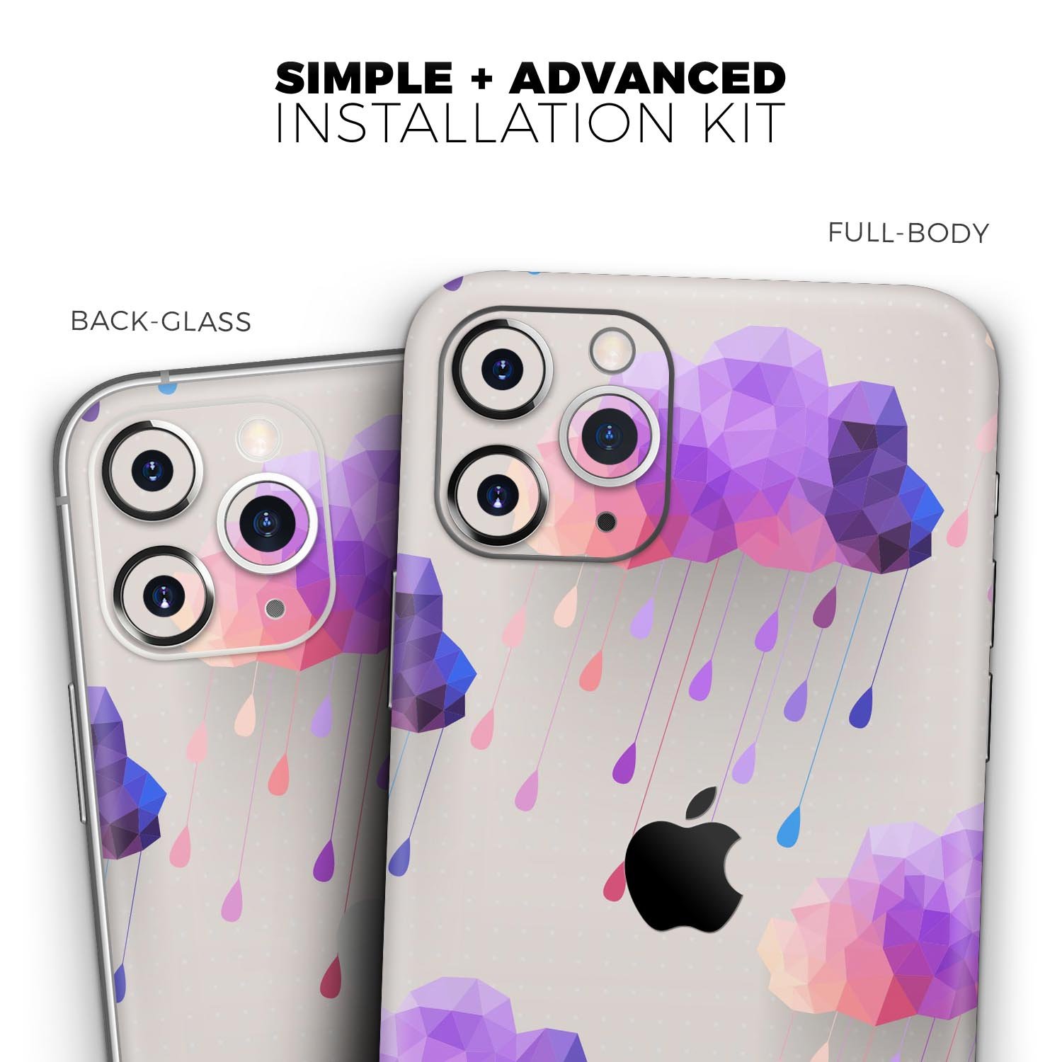 Geometric Rain Clouds Skin-Kit for Apple iPhone 13, showcasing vibrant colors and a stylish design.