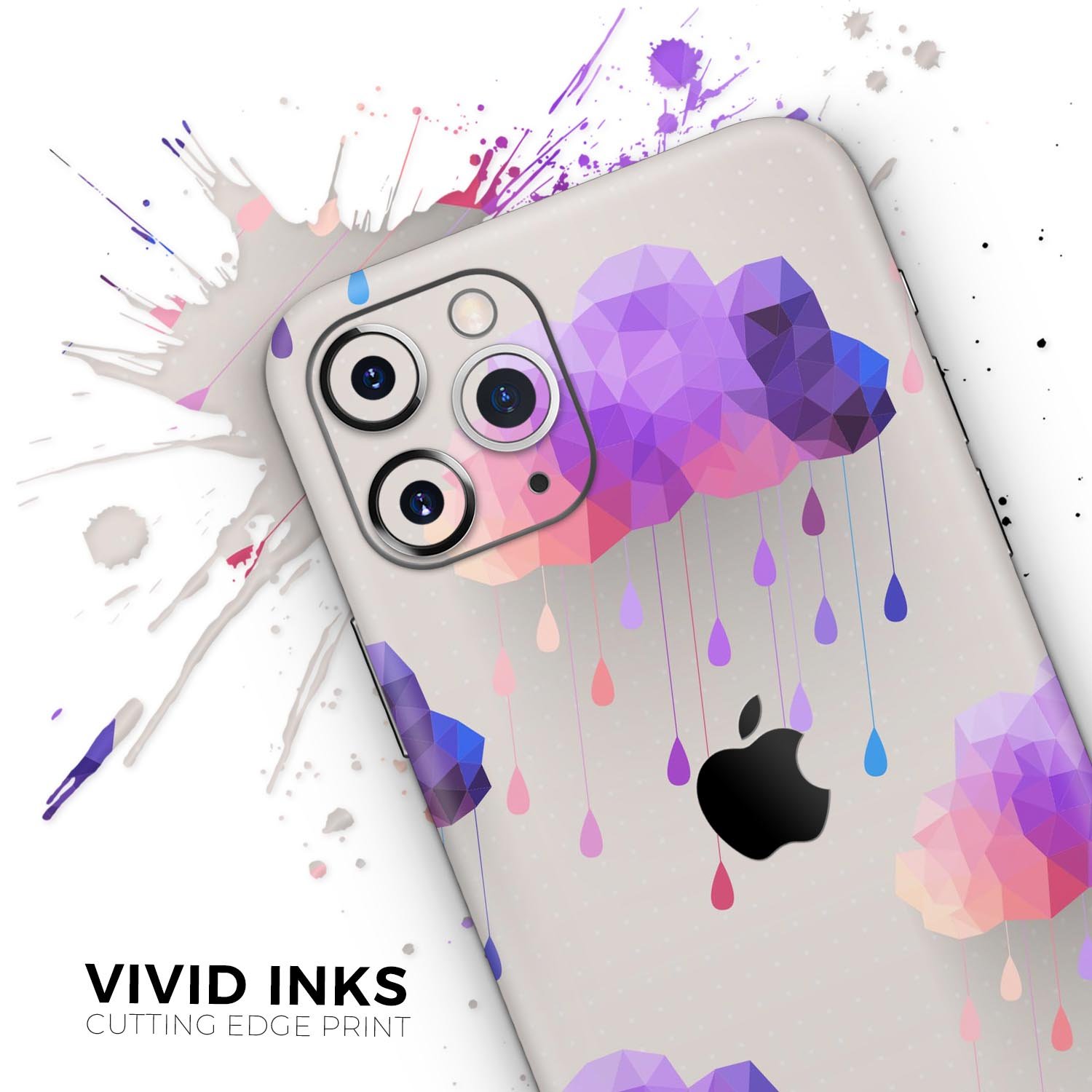 Geometric Rain Clouds Skin-Kit for Apple iPhone 13, showcasing vibrant colors and a stylish design.