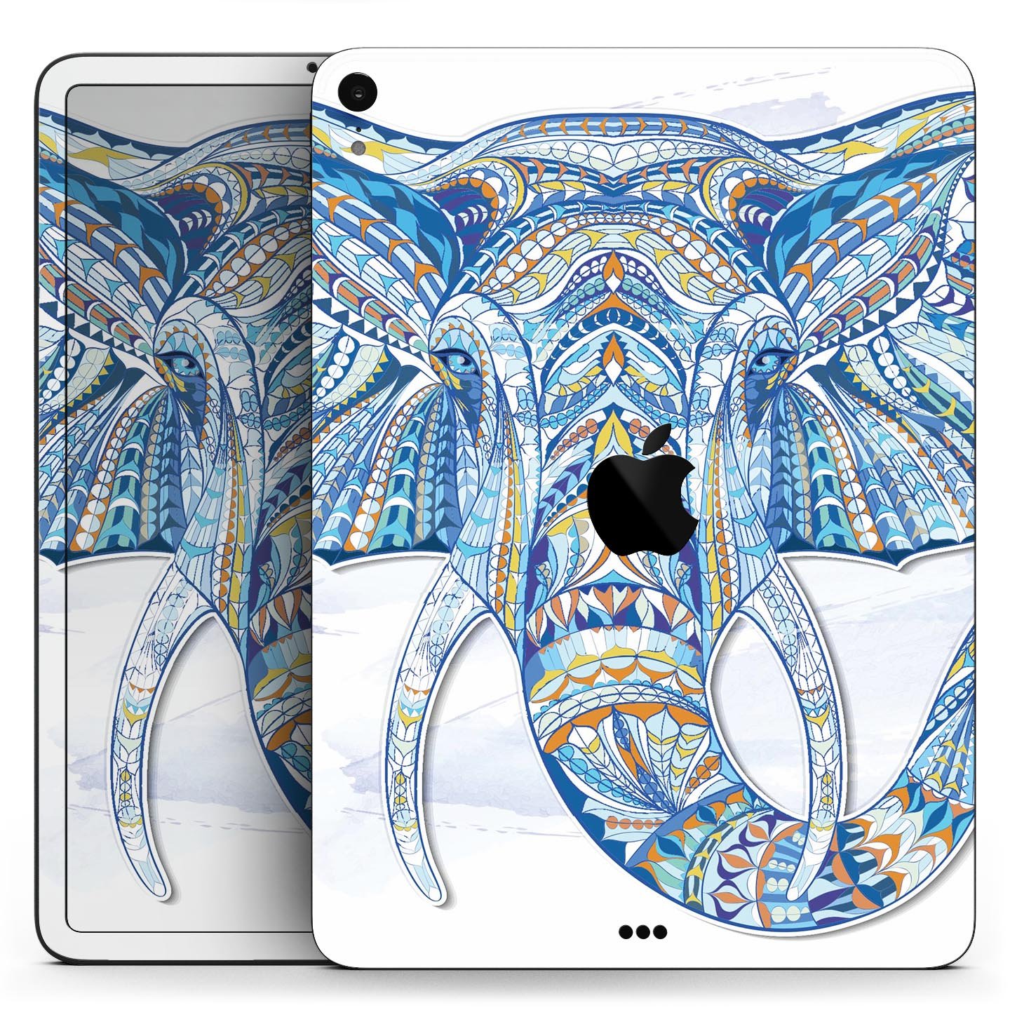 Geometric Sacred Elephant skin decal for Apple iPad, showcasing vibrant colors and intricate design on a sleek surface.