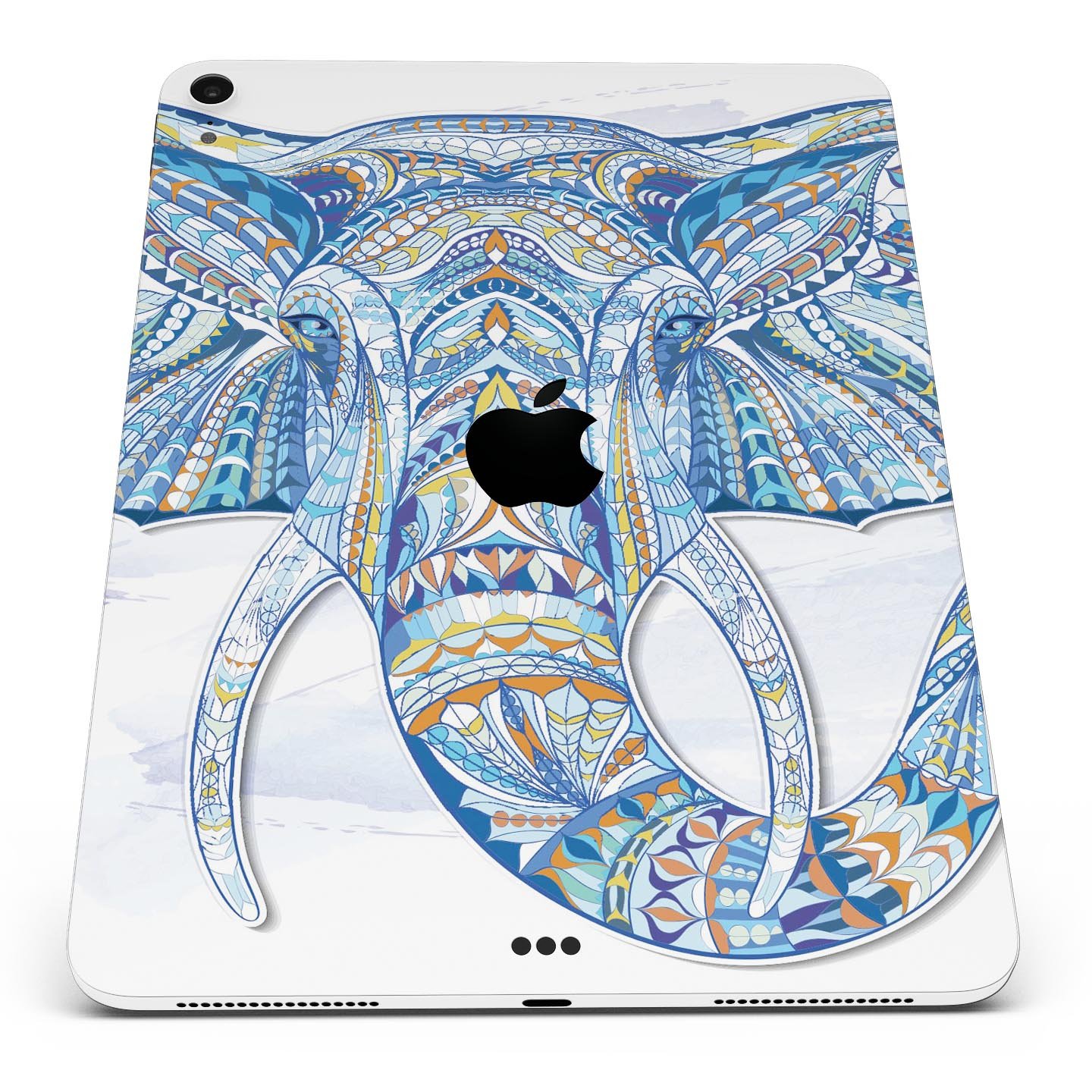 Geometric Sacred Elephant skin decal for Apple iPad, showcasing vibrant colors and intricate design on a sleek surface.