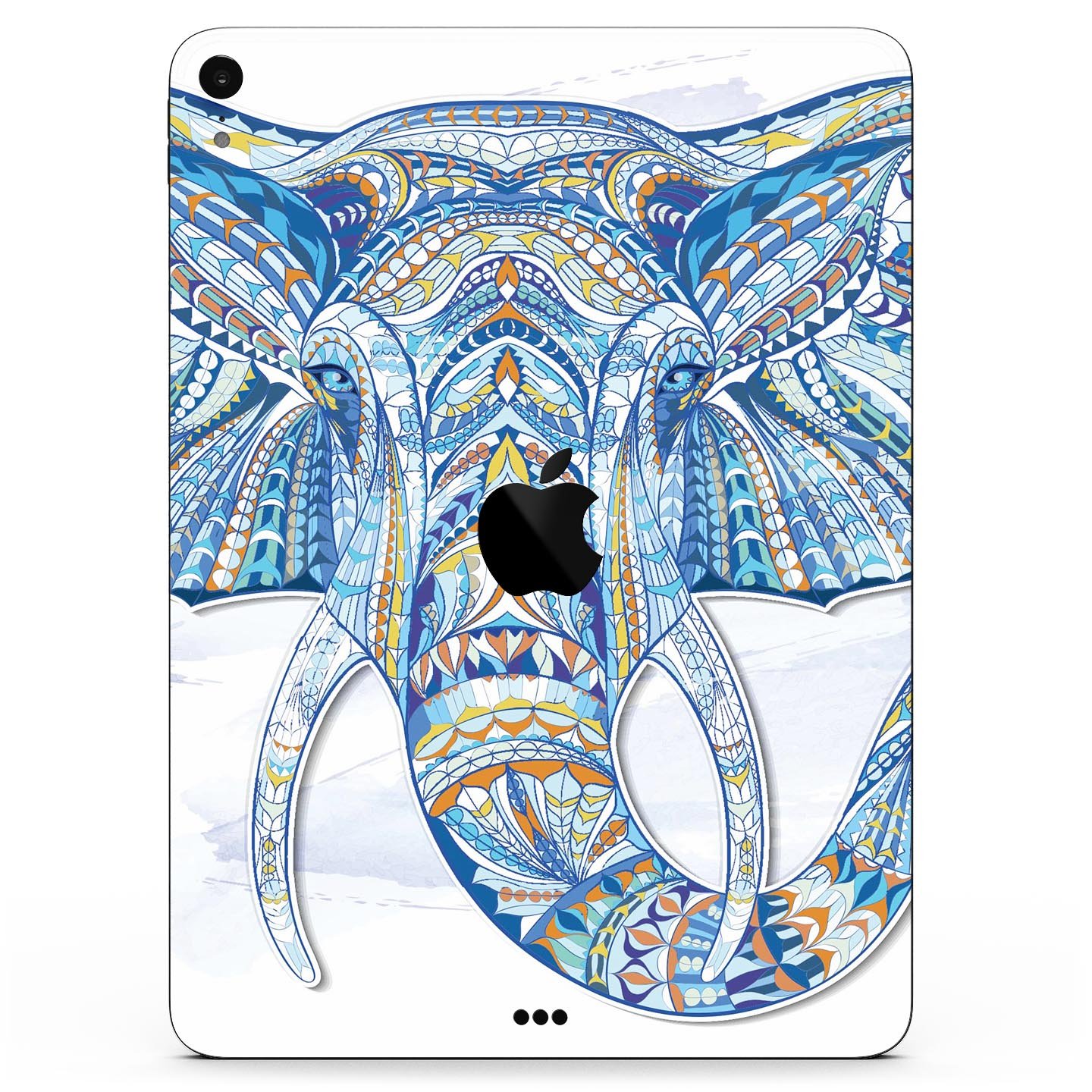 Geometric Sacred Elephant skin decal for Apple iPad, showcasing vibrant colors and intricate design on a sleek surface.