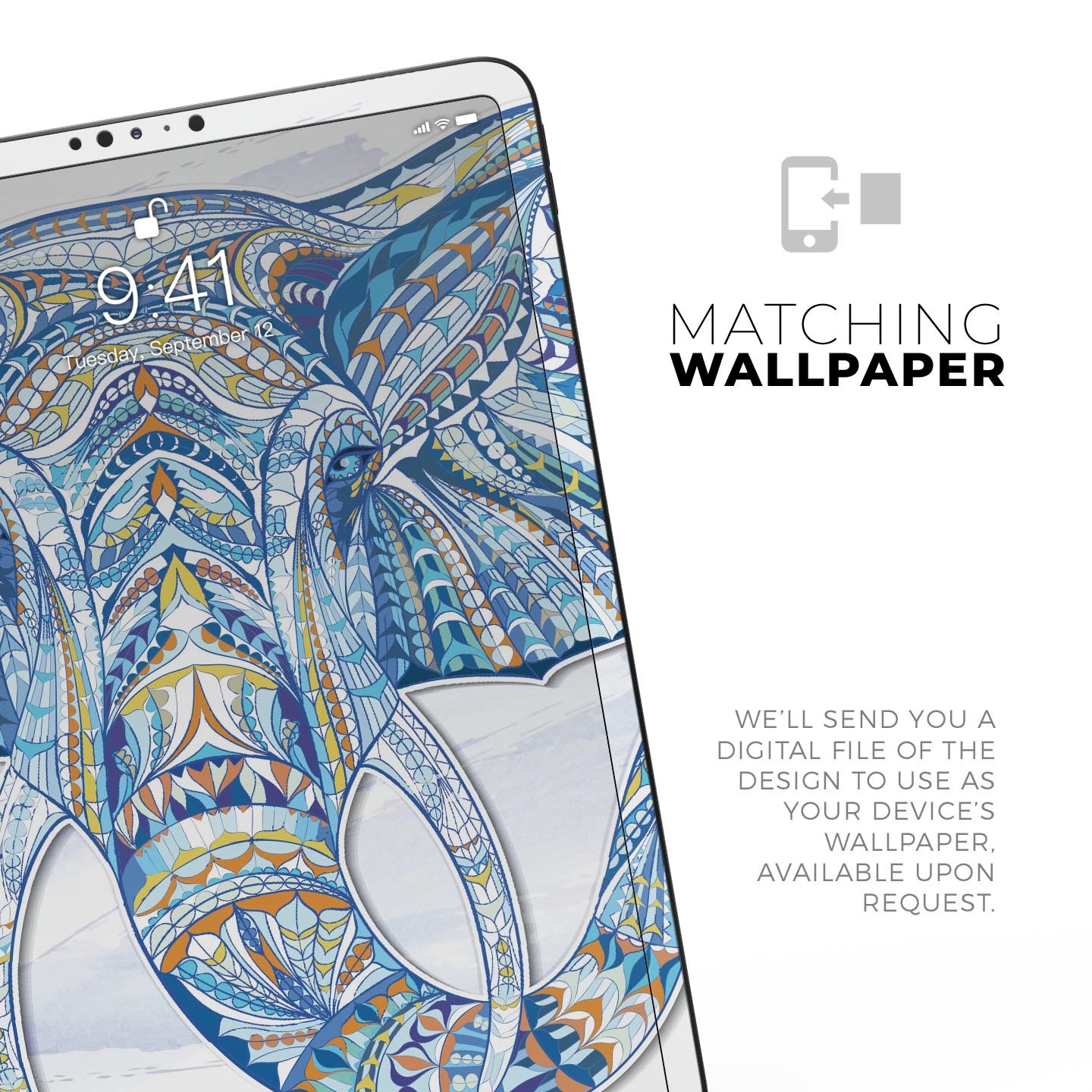 Geometric Sacred Elephant skin decal for Apple iPad, showcasing vibrant colors and intricate design on a sleek surface.