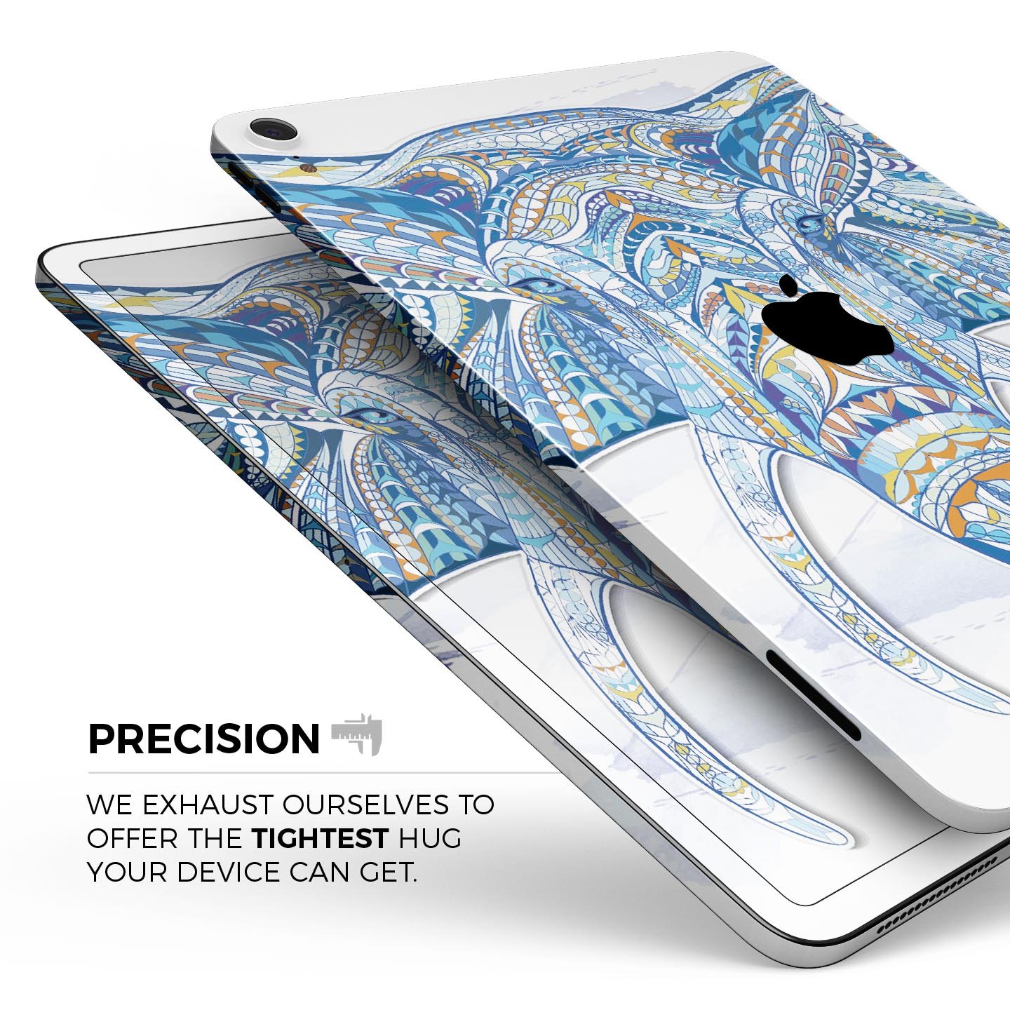 Geometric Sacred Elephant skin decal for Apple iPad, showcasing vibrant colors and intricate design on a sleek surface.