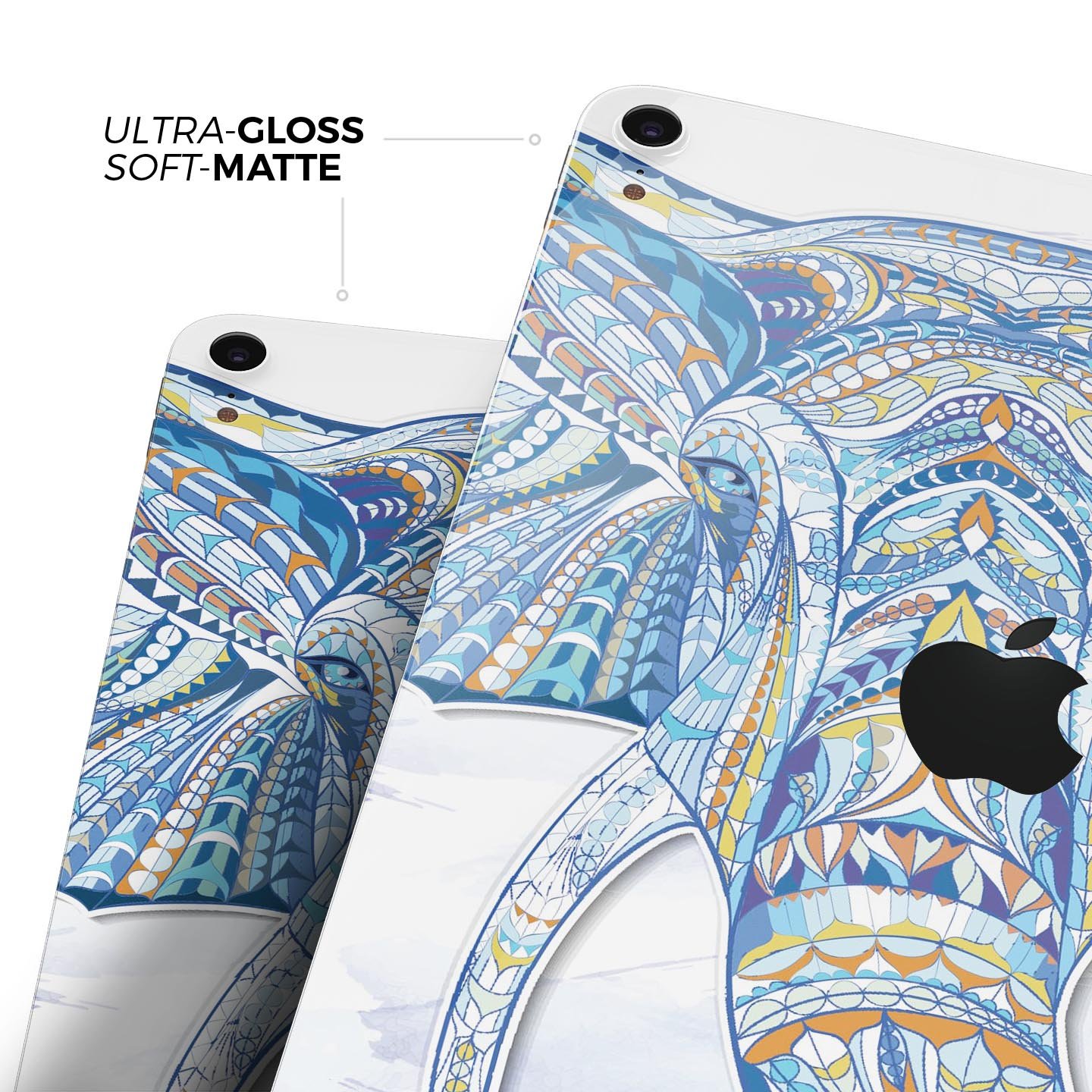 Geometric Sacred Elephant skin decal for Apple iPad, showcasing vibrant colors and intricate design on a sleek surface.