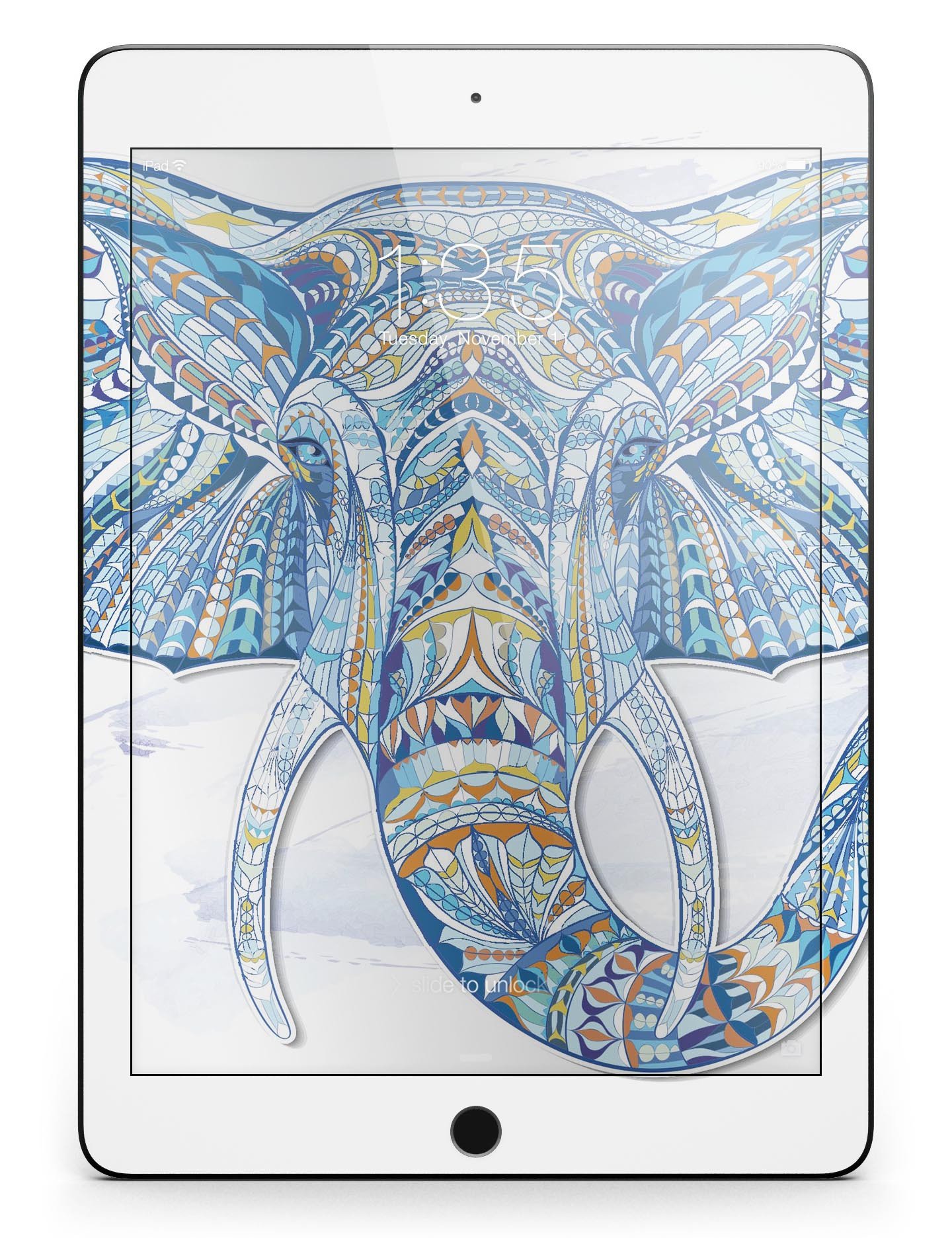 Geometric Sacred Elephant Full Body Skin for iPad Pro, showcasing vibrant colors and intricate design.