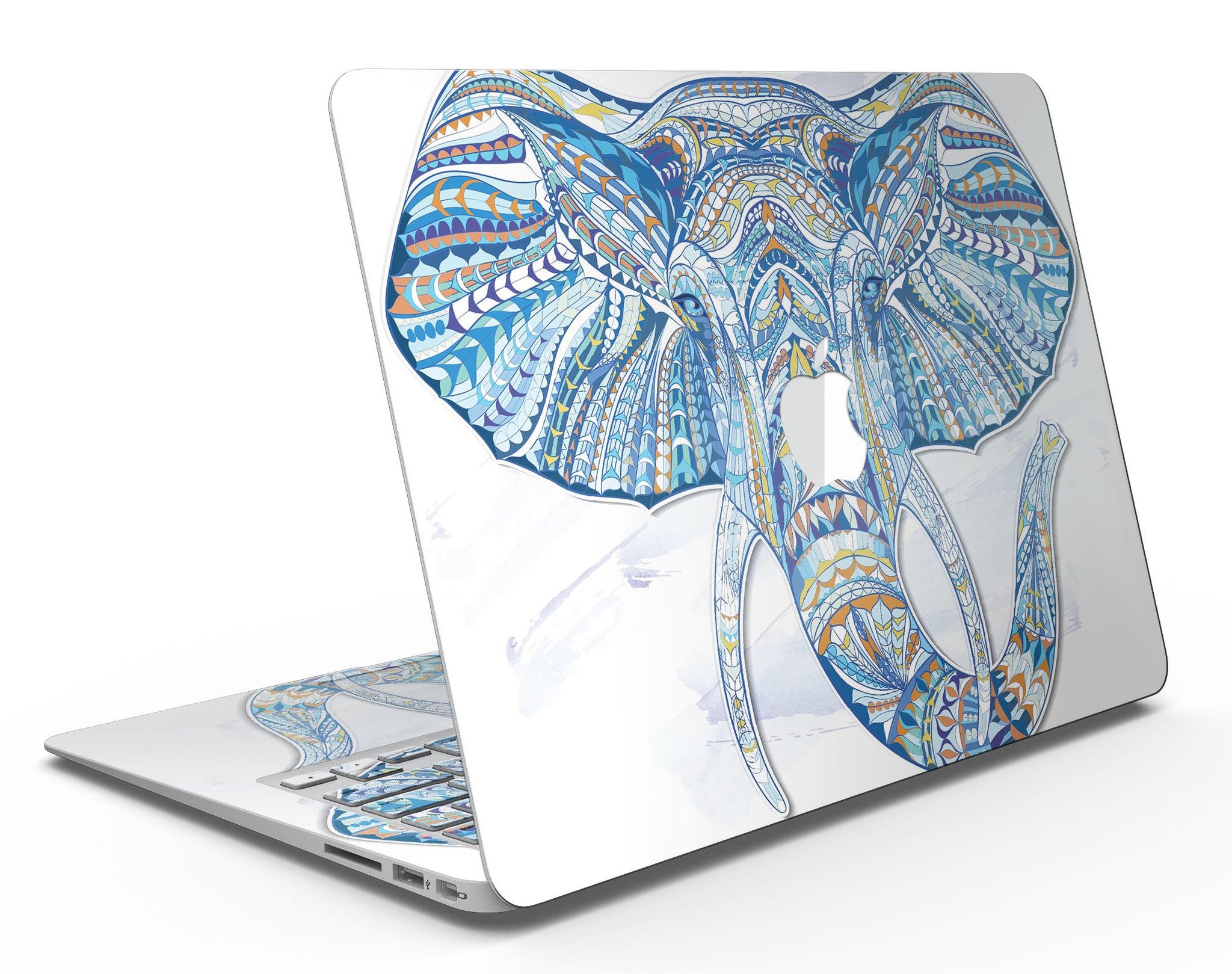 Geometric Sacred Elephant MacBook Air Skin Kit showcasing vibrant geometric patterns on a sleek laptop surface.