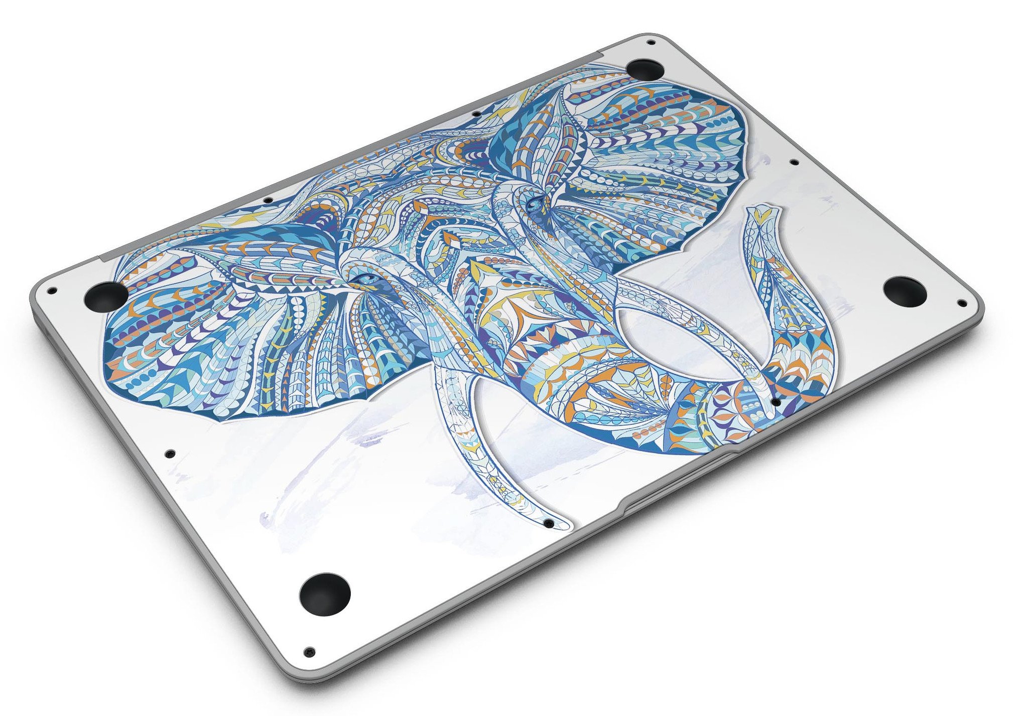 Geometric Sacred Elephant MacBook Air Skin Kit showcasing vibrant geometric patterns on a sleek laptop surface.