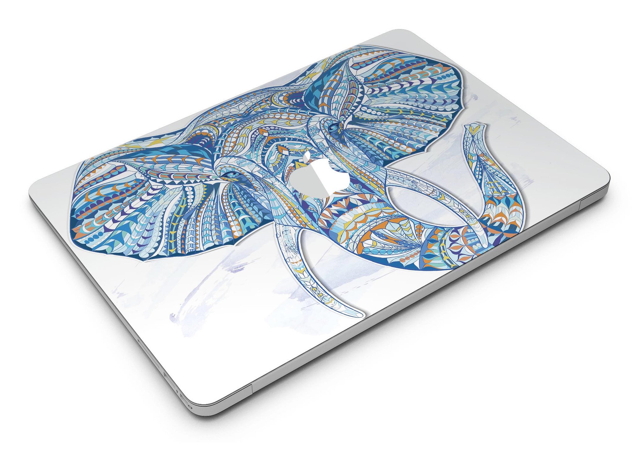 Geometric Sacred Elephant MacBook Air Skin Kit showcasing vibrant geometric patterns on a sleek laptop surface.