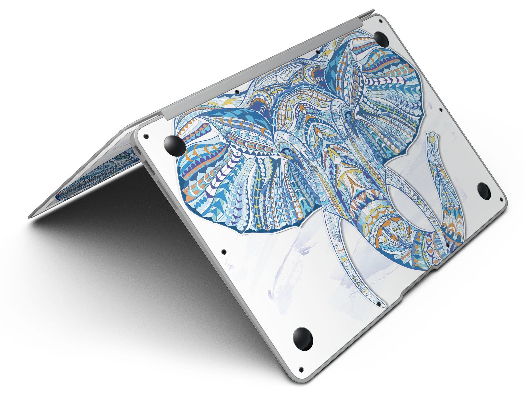 Geometric Sacred Elephant MacBook Air Skin Kit showcasing vibrant geometric patterns on a sleek laptop surface.