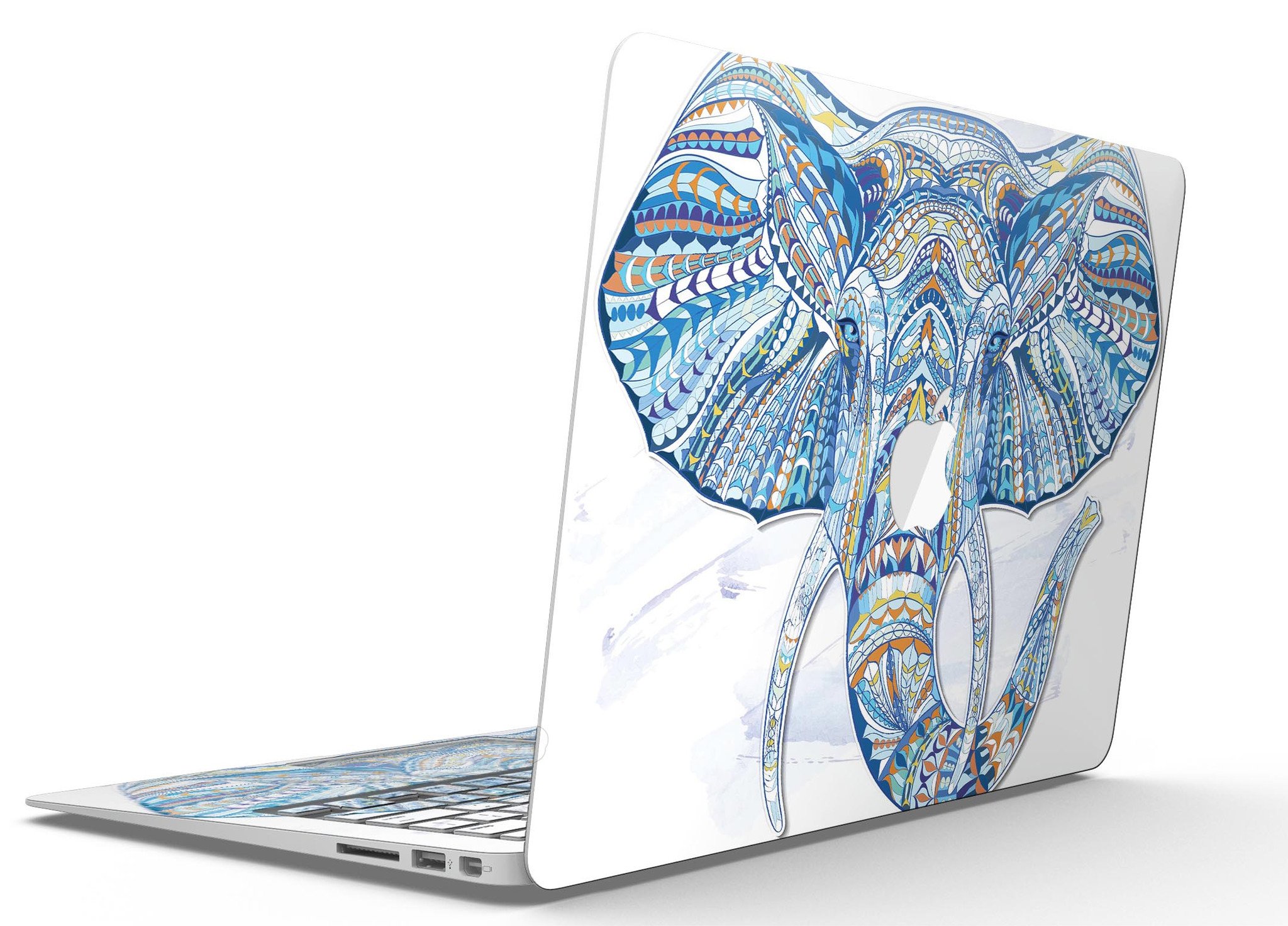 Geometric Sacred Elephant MacBook Air Skin Kit showcasing vibrant geometric patterns on a sleek laptop surface.