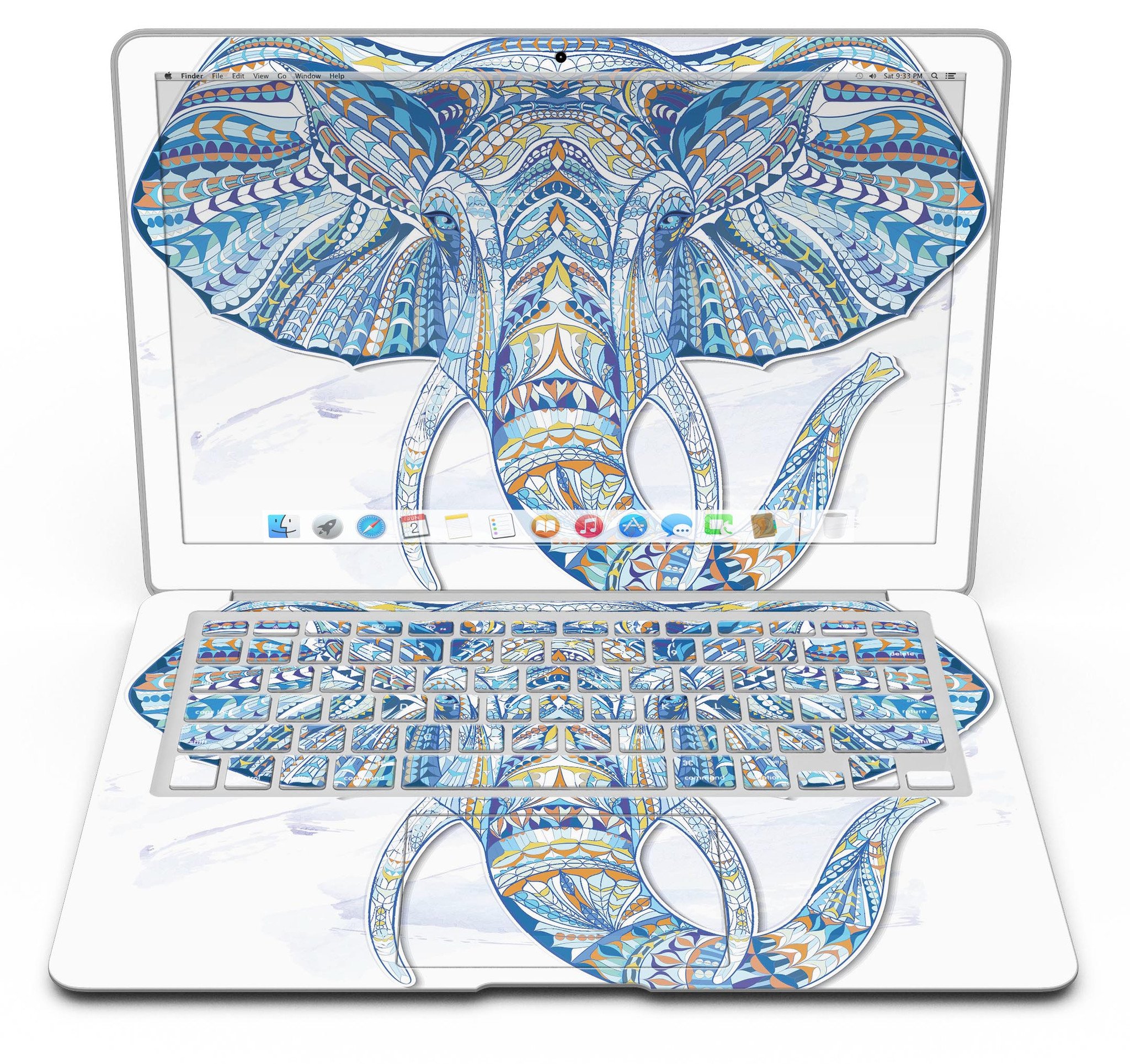 Geometric Sacred Elephant MacBook Air Skin Kit showcasing vibrant geometric patterns on a sleek laptop surface.