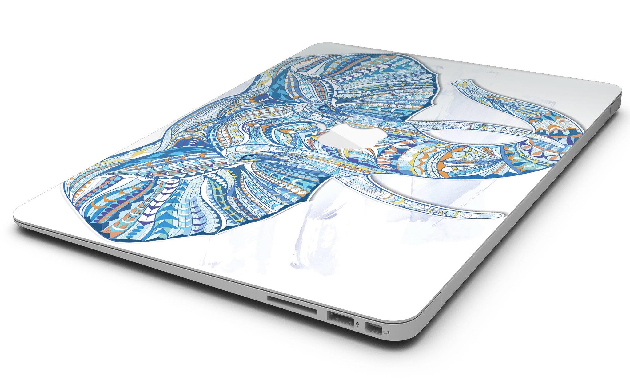 Geometric Sacred Elephant MacBook Air Skin Kit showcasing vibrant geometric patterns on a sleek laptop surface.