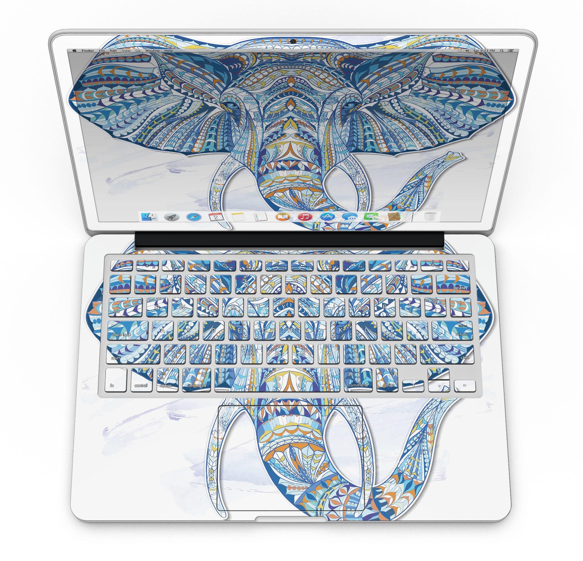 Geometric Sacred Elephant skin for MacBook Pro with Retina Display, showcasing vibrant colors and intricate design.