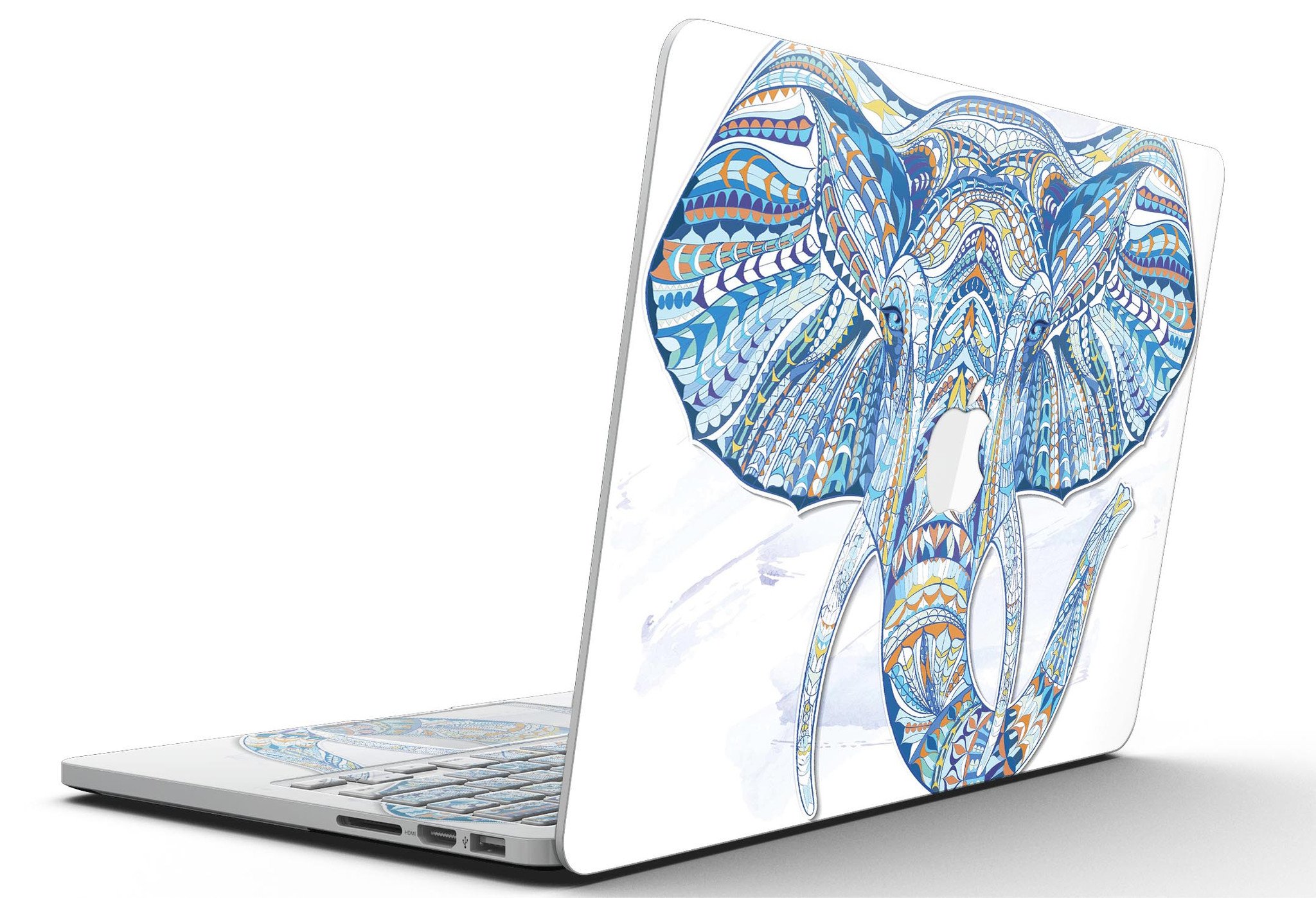 Geometric Sacred Elephant skin for MacBook Pro with Retina Display, showcasing vibrant colors and intricate design.