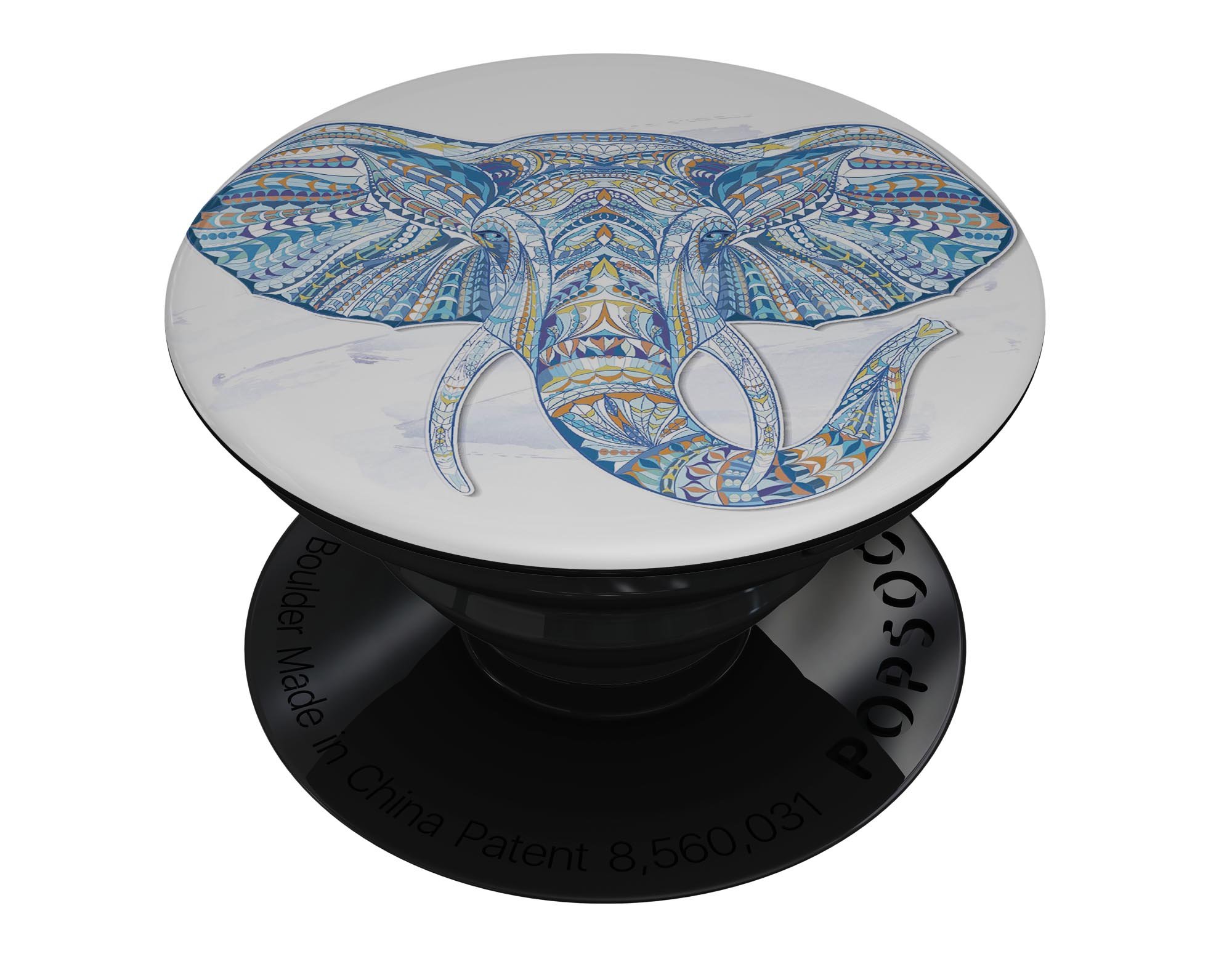 Geometric Sacred Elephant Skin Kit for PopSockets featuring vibrant colors and intricate design on a smartphone grip.