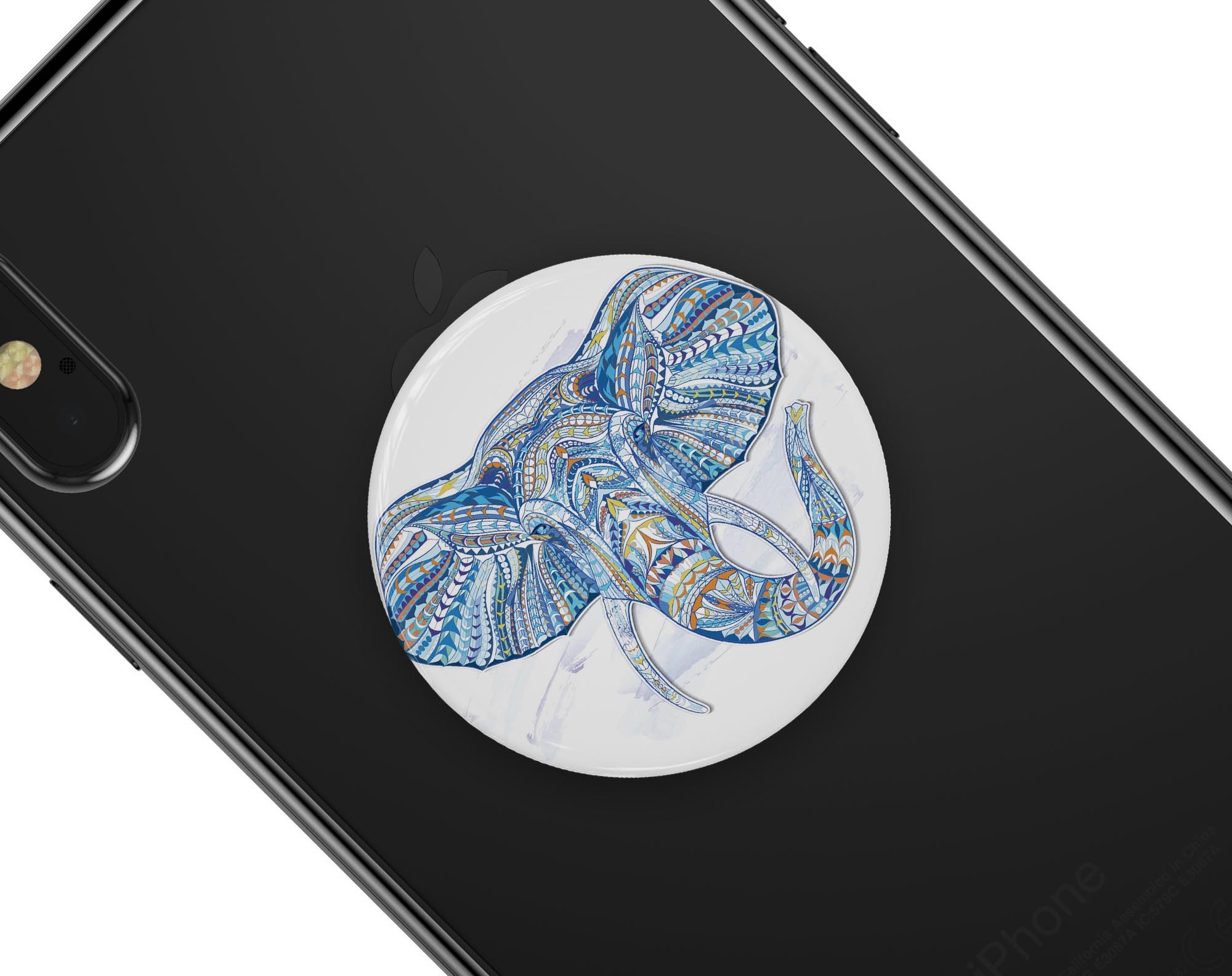 Geometric Sacred Elephant Skin Kit for PopSockets featuring vibrant colors and intricate design on a smartphone grip.