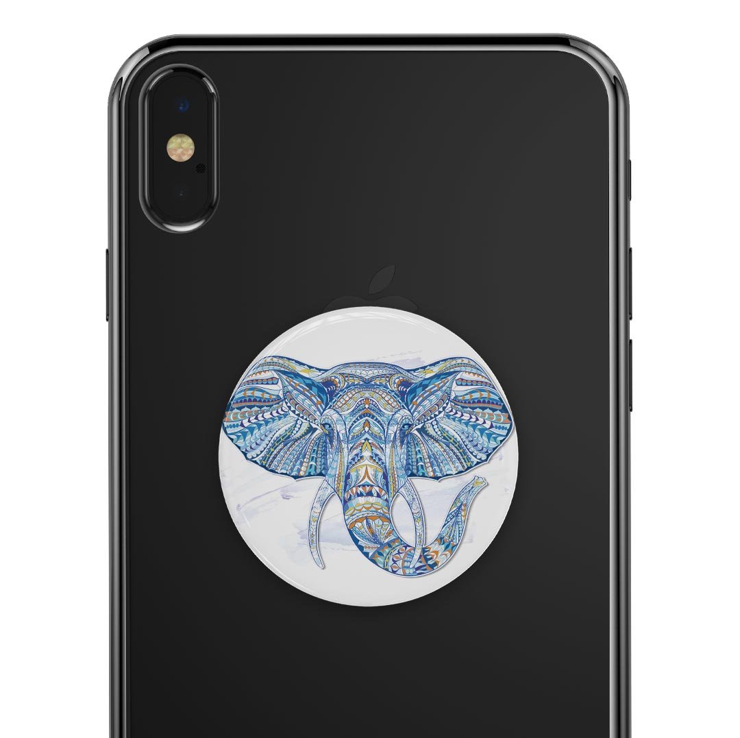 Geometric Sacred Elephant Skin Kit for PopSockets featuring vibrant colors and intricate design on a smartphone grip.