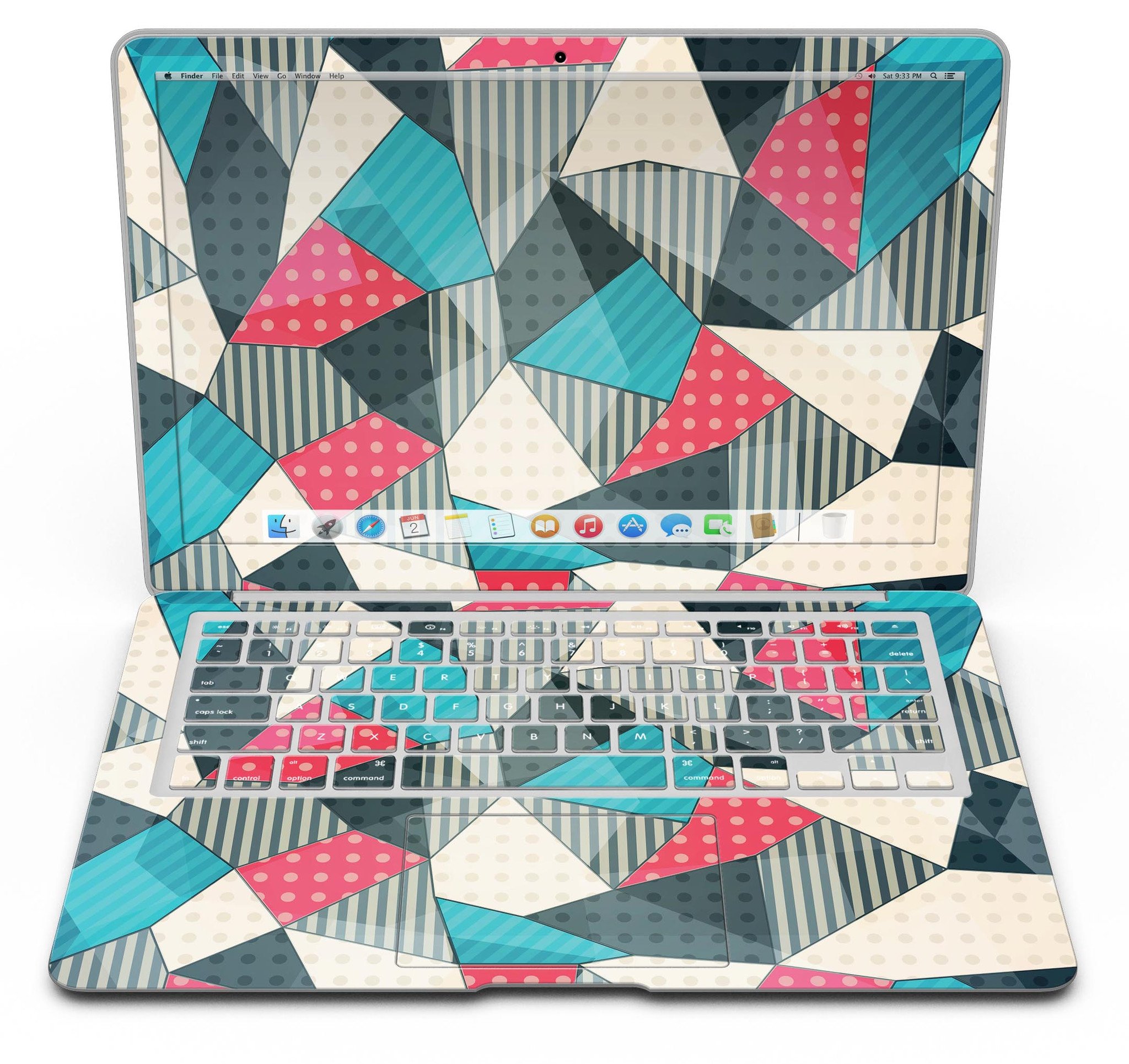 Geometry and Polkadots MacBook Air Skin Kit showcasing vibrant design and premium vinyl material.