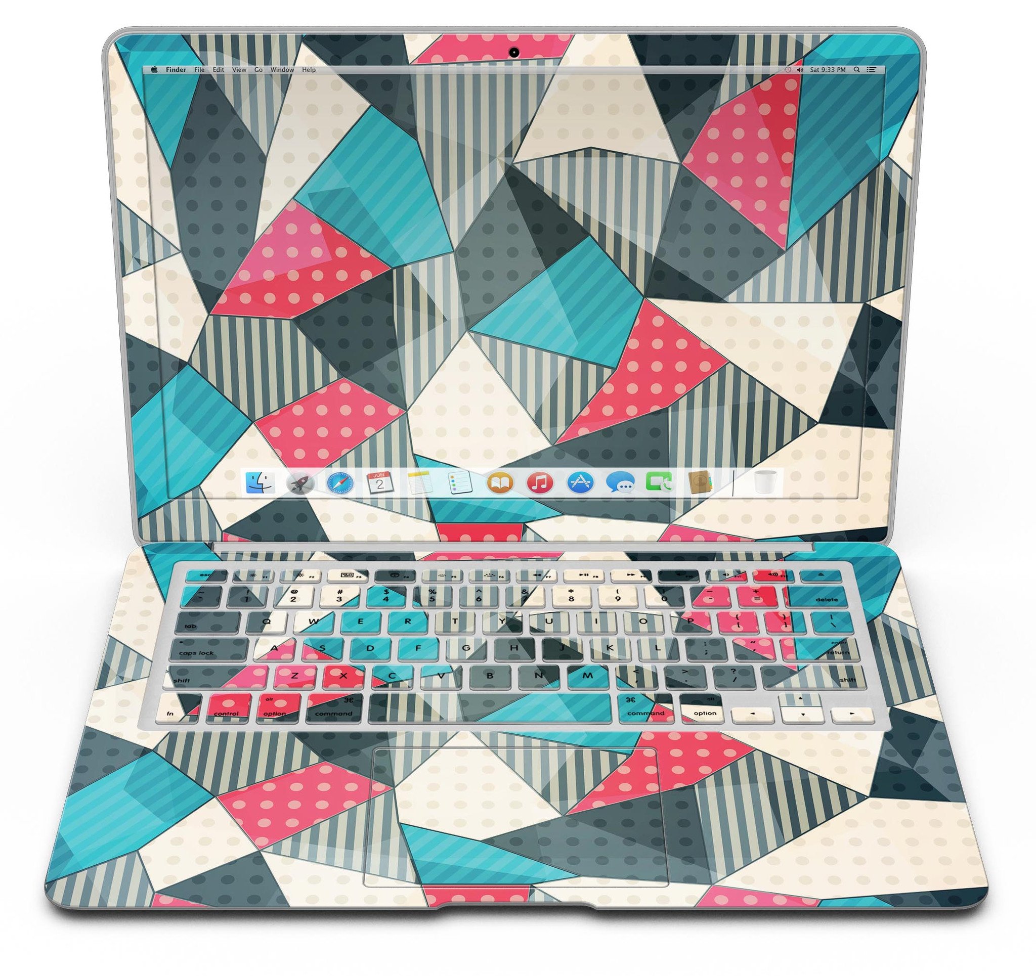 Geometry and Polkadots MacBook Air Skin Kit showcasing vibrant design and premium vinyl material.