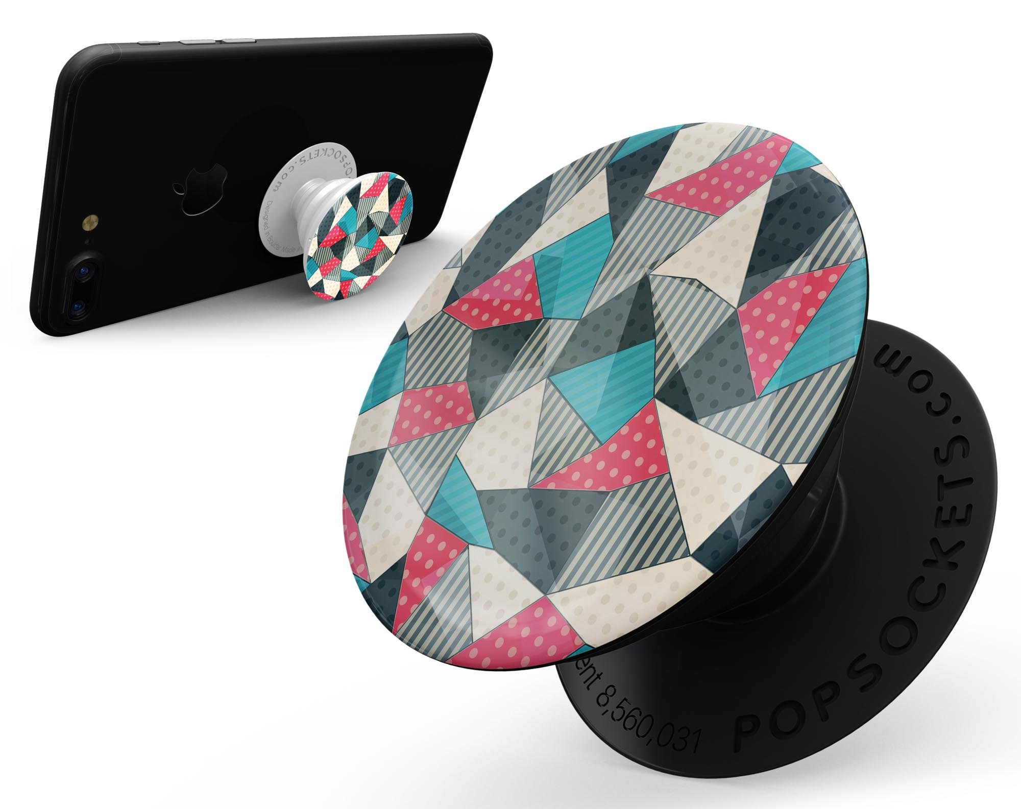 Geometry and Polkadots Skin Kit for PopSockets featuring vibrant geometric patterns and polka dots on a premium vinyl material.