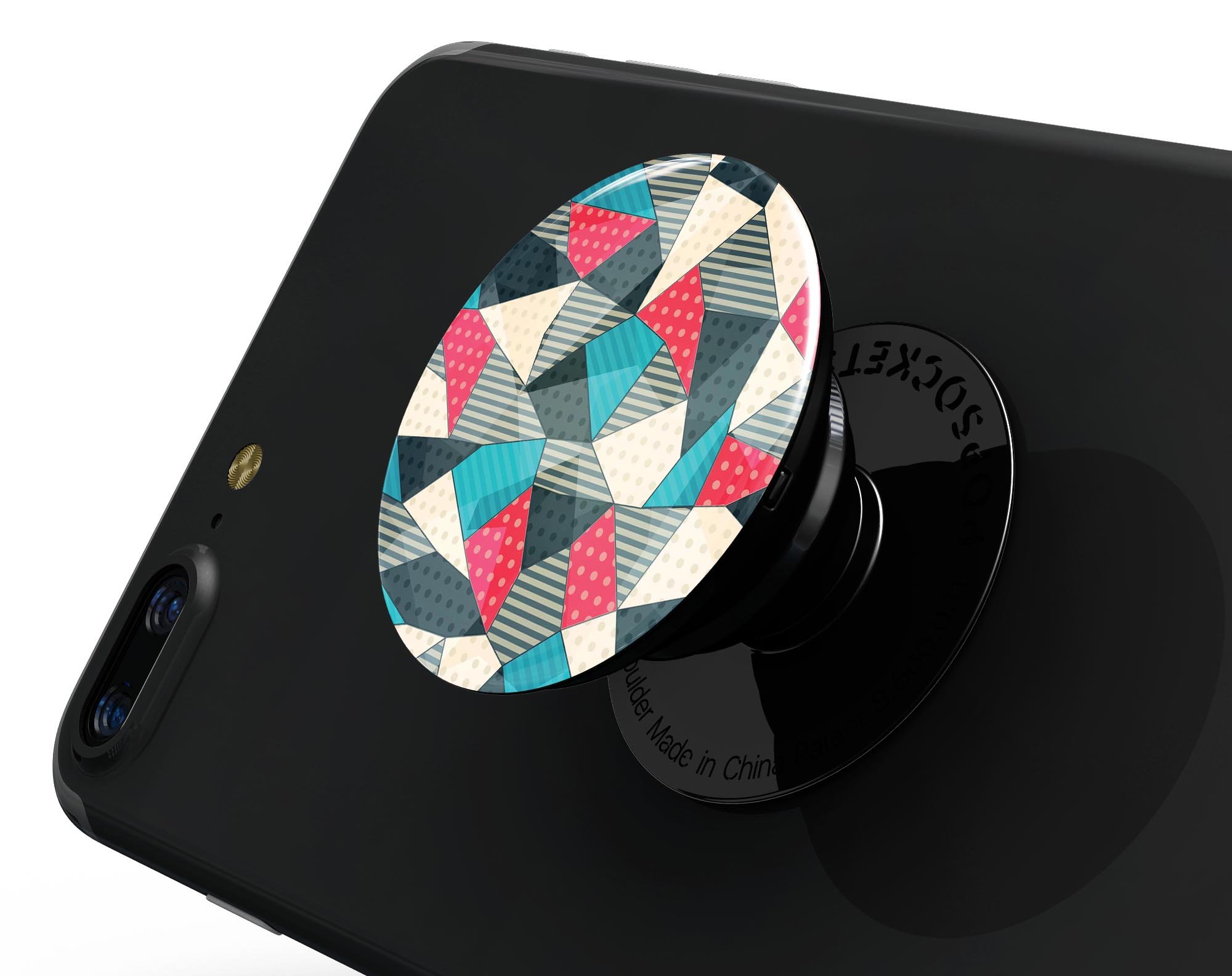 Geometry and Polkadots Skin Kit for PopSockets featuring vibrant geometric patterns and polka dots on a premium vinyl material.