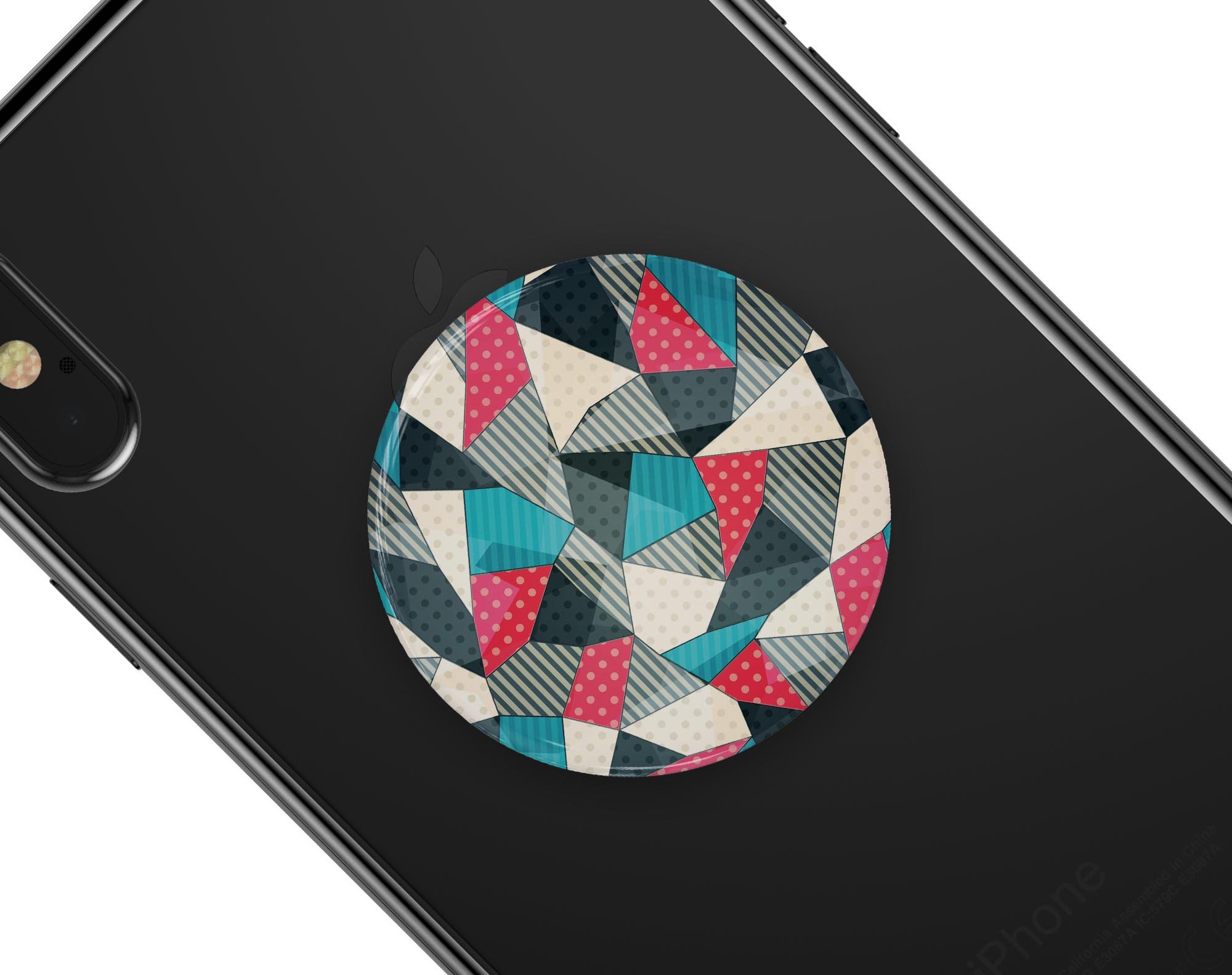 Geometry and Polkadots Skin Kit for PopSockets featuring vibrant geometric patterns and polka dots on a premium vinyl material.