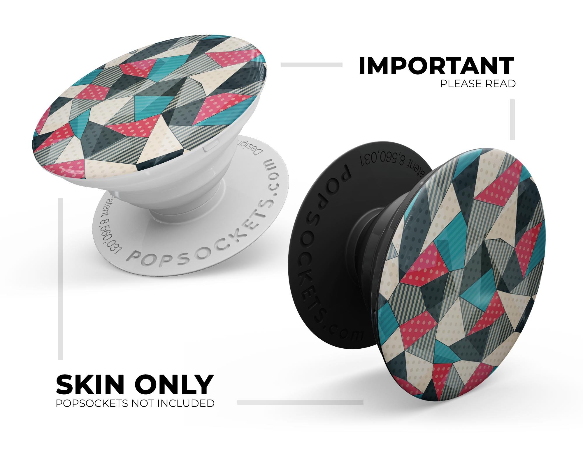 Geometry and Polkadots Skin Kit for PopSockets featuring vibrant geometric patterns and polka dots on a premium vinyl material.