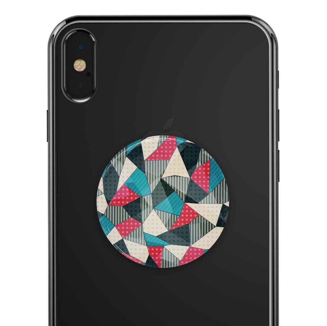 Geometry and Polkadots Skin Kit for PopSockets featuring vibrant geometric patterns and polka dots on a premium vinyl material.