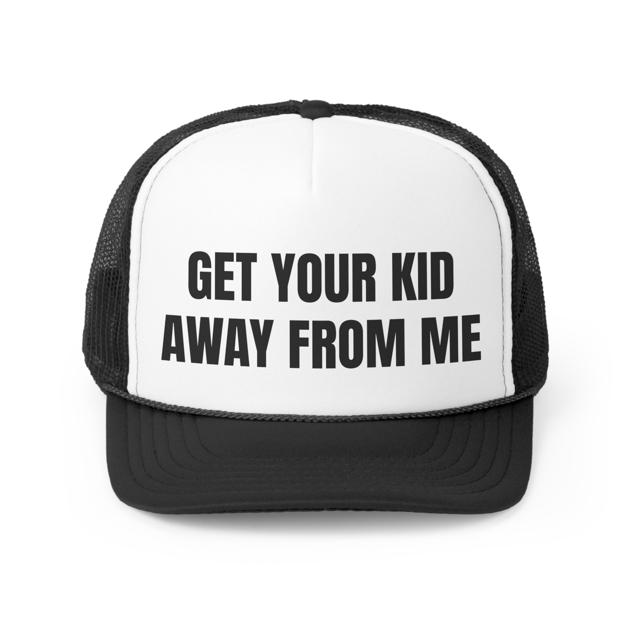 Get Your Kid Away From Me Funny Trucker Hat featuring a humorous design with a durable polyester front and breathable mesh back.