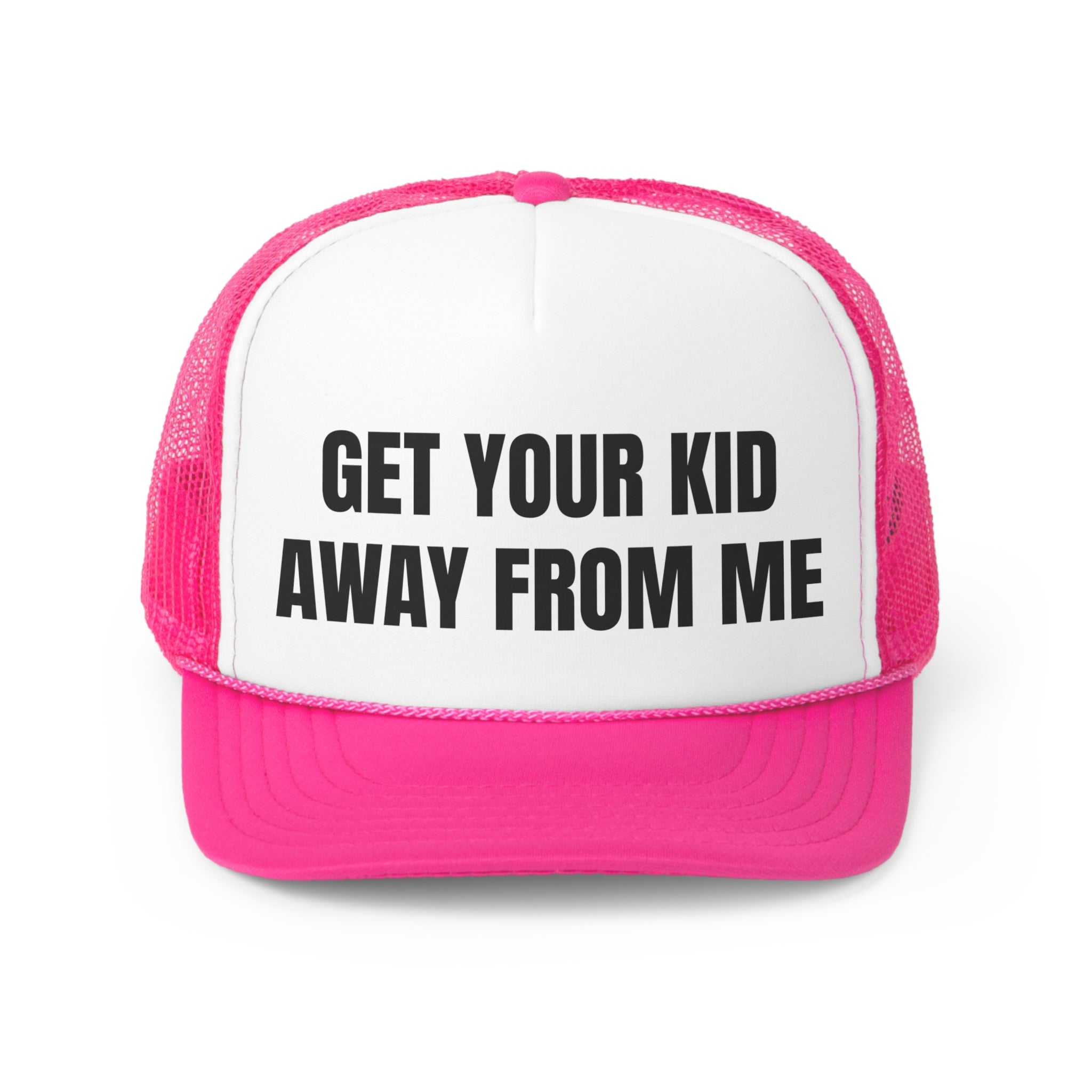 Get Your Kid Away From Me Funny Trucker Hat featuring a humorous design with a durable polyester front and breathable mesh back.