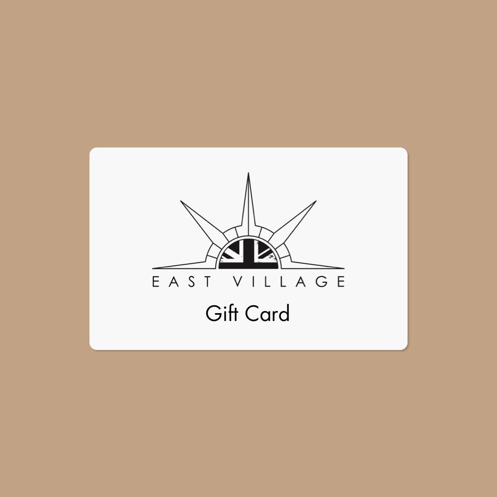 A colorful gift card for East Village store, featuring a stylish design and a unique voucher code.