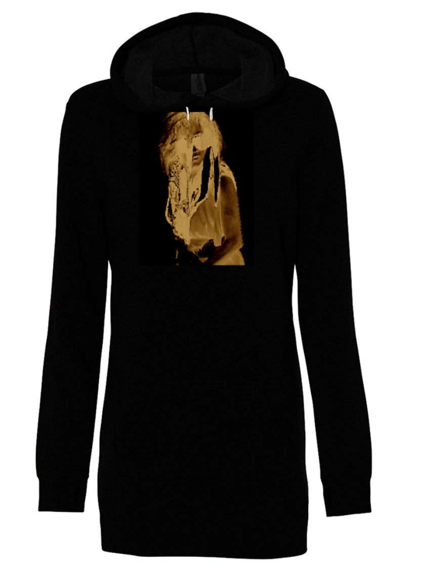 Giovanni Hoodie Dress in black featuring long sleeves and a graphic message, perfect for casual wear.