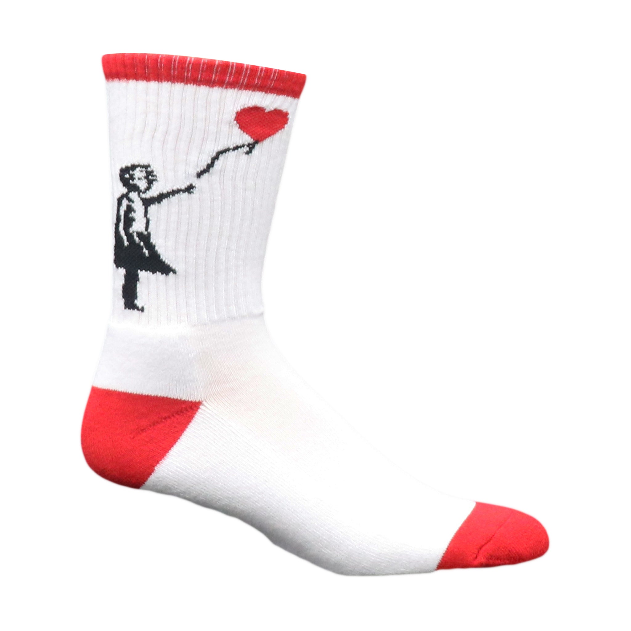 A pair of white crew socks featuring a whimsical design of a girl losing her heart as a balloon, perfect for casual wear.