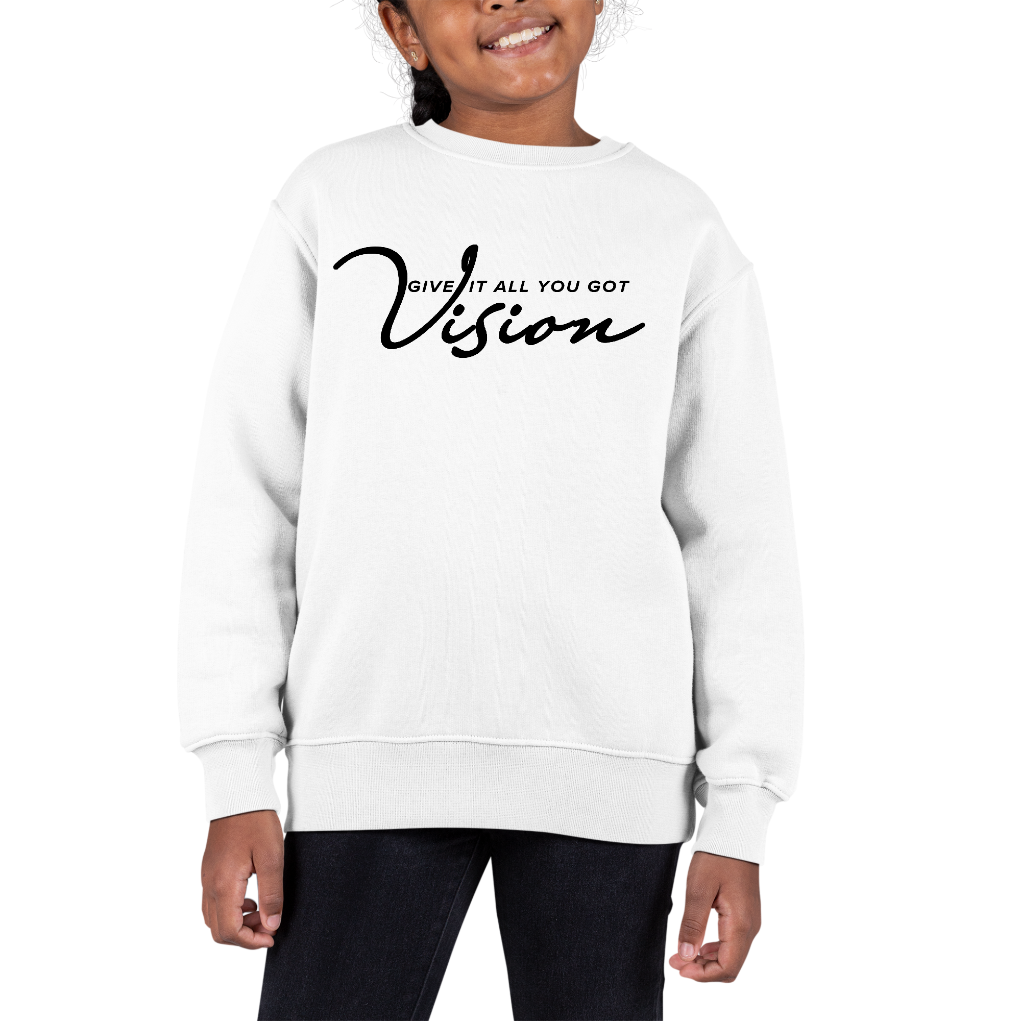 Girls Long Sleeve Sweatshirt Vision in black, featuring ribbed collar and cuffs, perfect for comfort and durability.