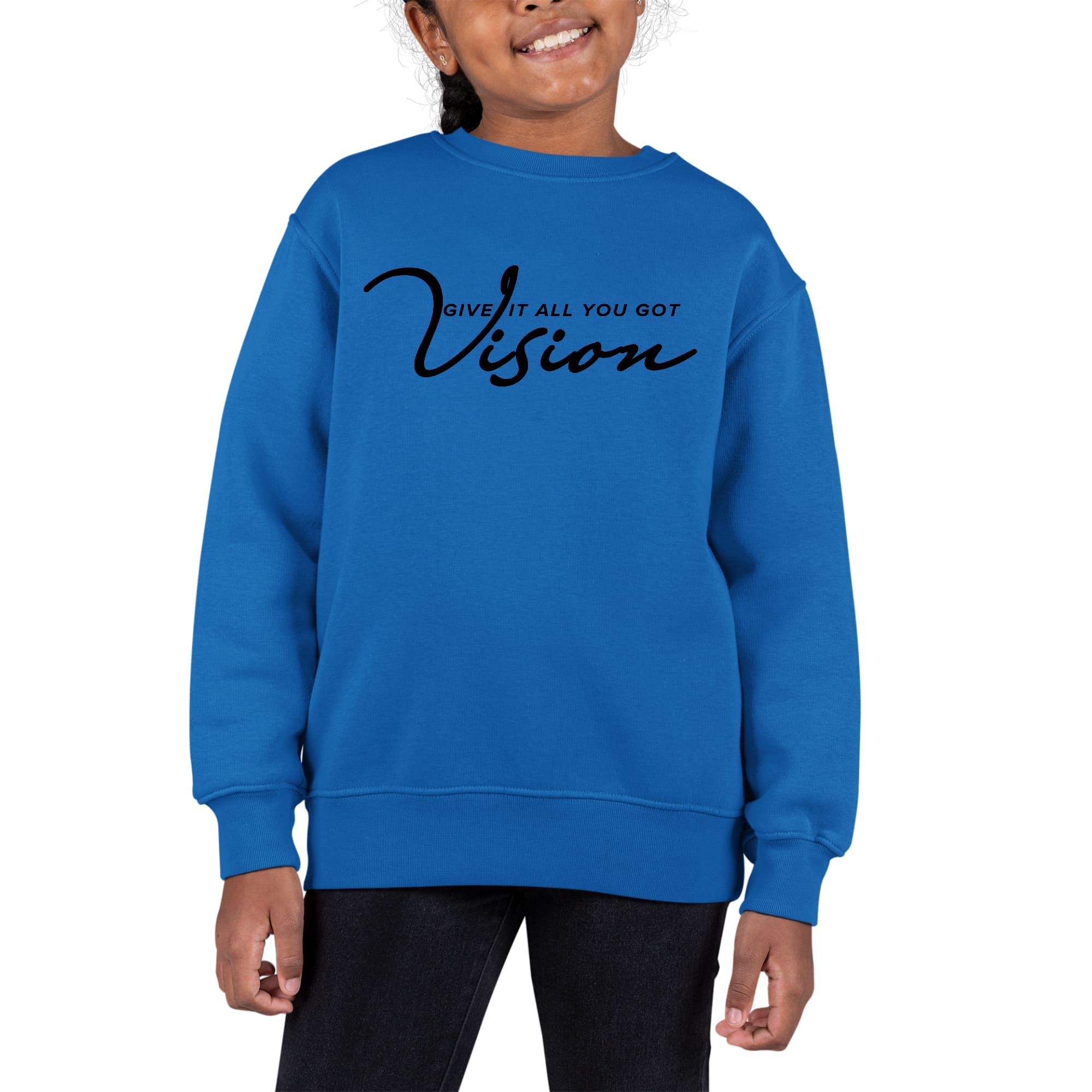 Girls Long Sleeve Sweatshirt Vision in black, featuring ribbed collar and cuffs, perfect for comfort and durability.