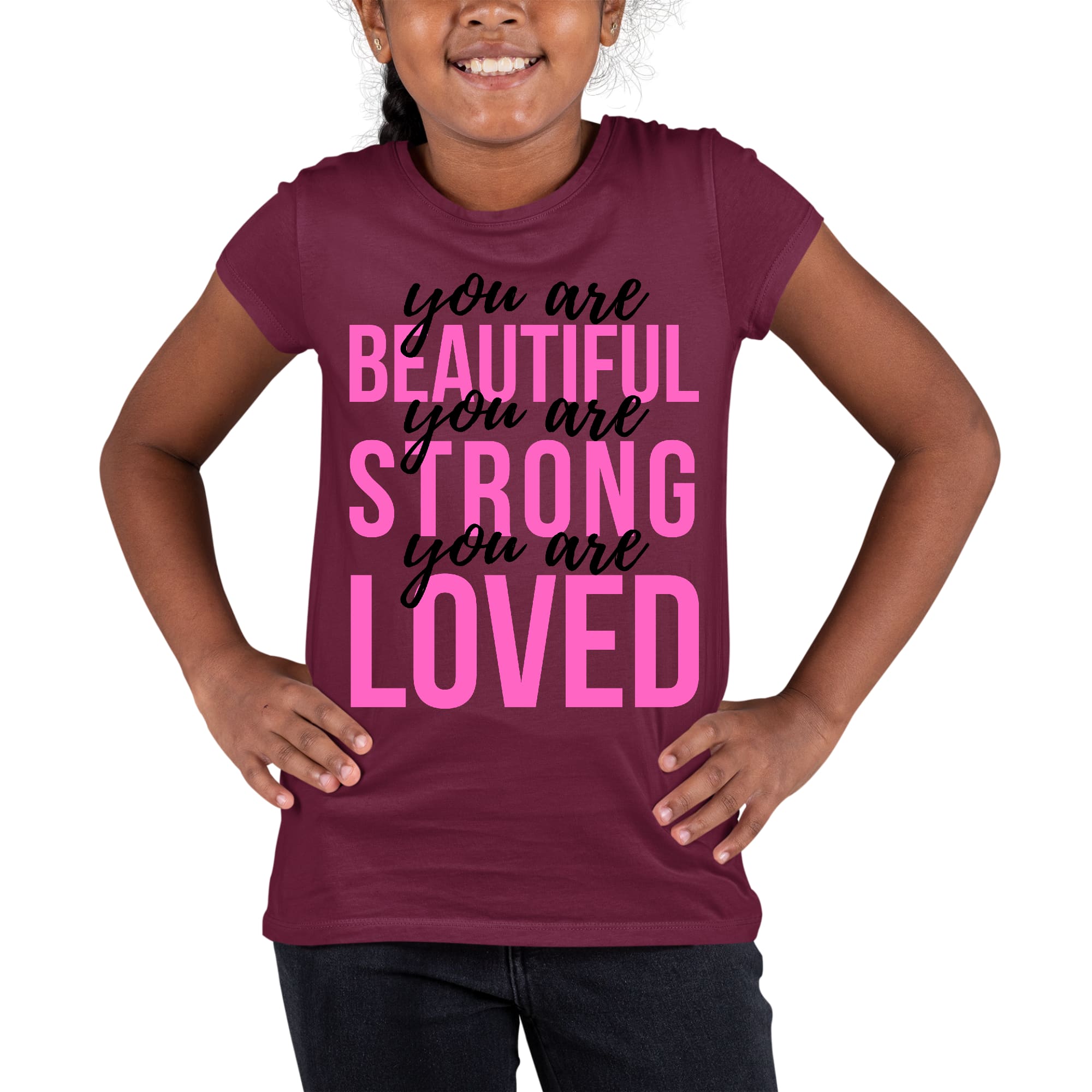 Girls T-shirt in pink and black with inspirational text 'You Are Beautiful Strong Loved', made from soft preshrunk cotton.