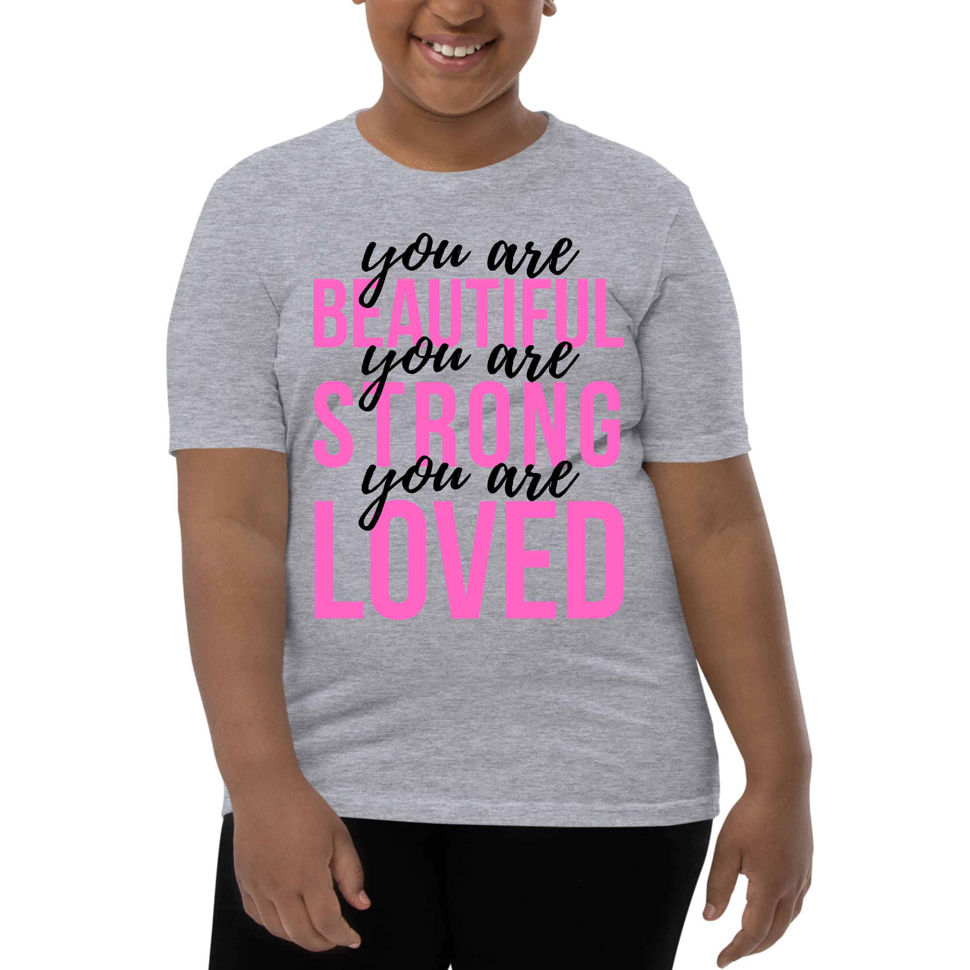 Girls T-shirt in pink and black with inspirational text 'You Are Beautiful Strong Loved', made from soft preshrunk cotton.