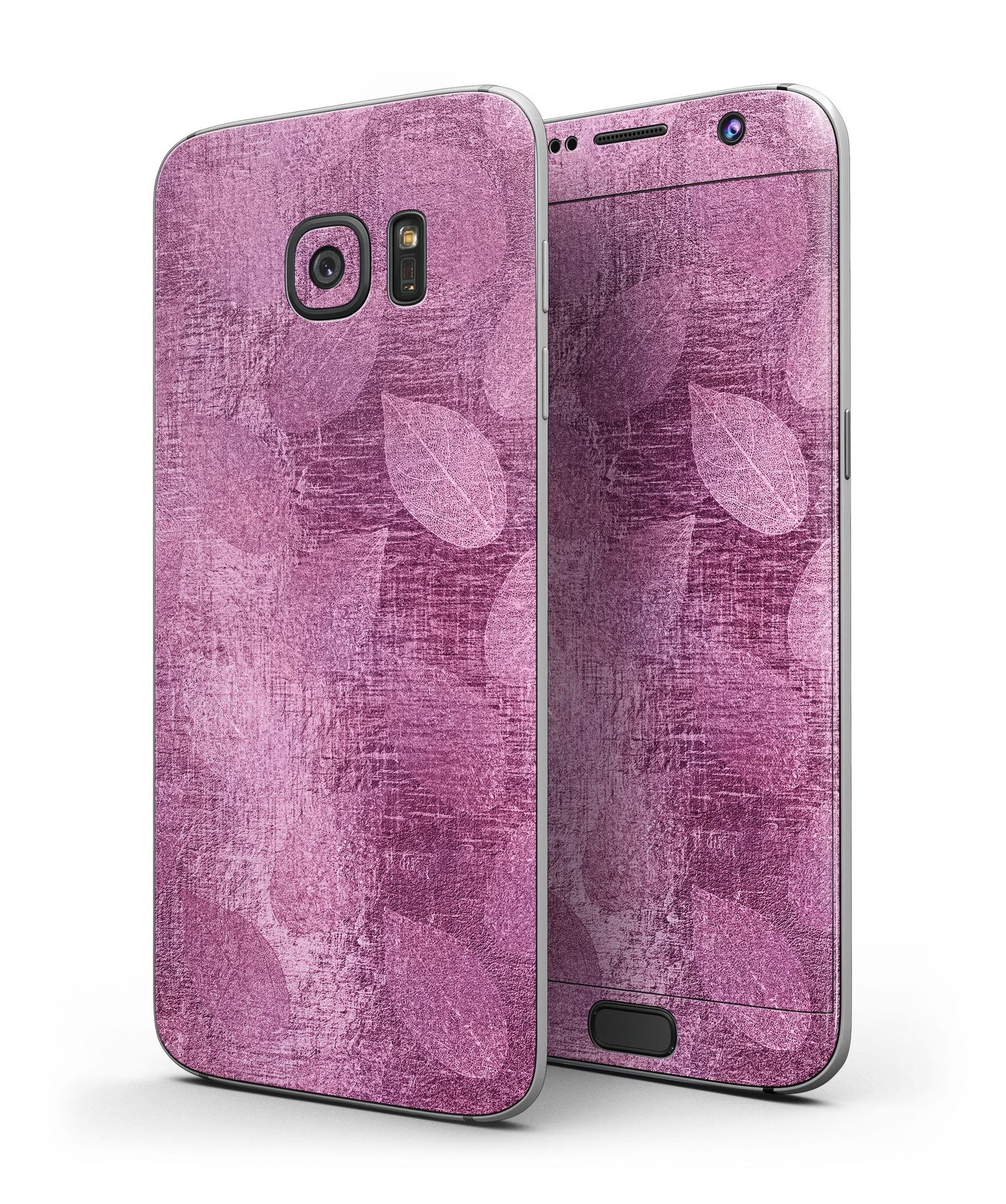 Glamorous Pink Leaves Full Body Skin-Kit for Samsung Galaxy S7, showcasing vibrant pink leaf design on a sleek device.