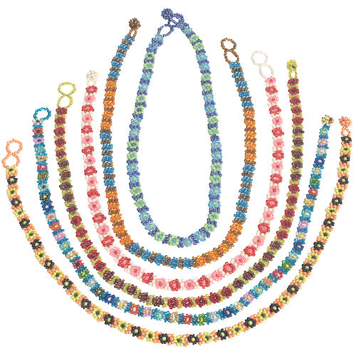 A colorful handmade Glass Bead Flower Necklace featuring vibrant glass beads crafted by Guatemalan artisans, showcasing intricate designs.