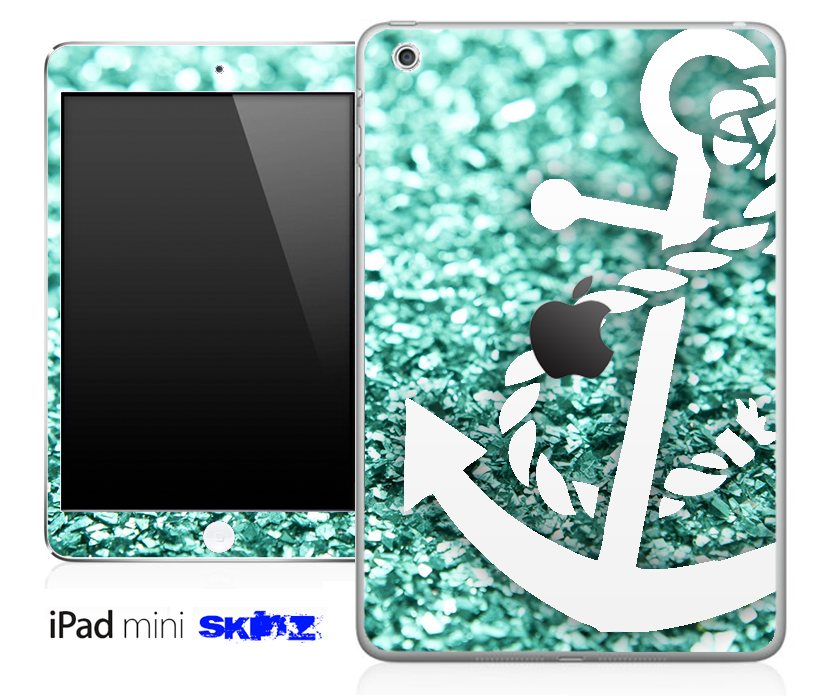 Glimmer Aqua Green and White Anchor Skin for iPad Mini, showcasing a stylish design with an anchor motif.