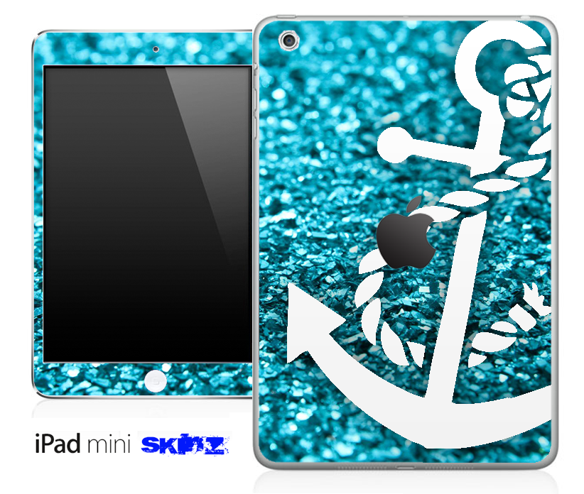 Glimmer Blue and White Anchor Skin for iPad Mini, showcasing a stylish anchor design on high-quality vinyl.