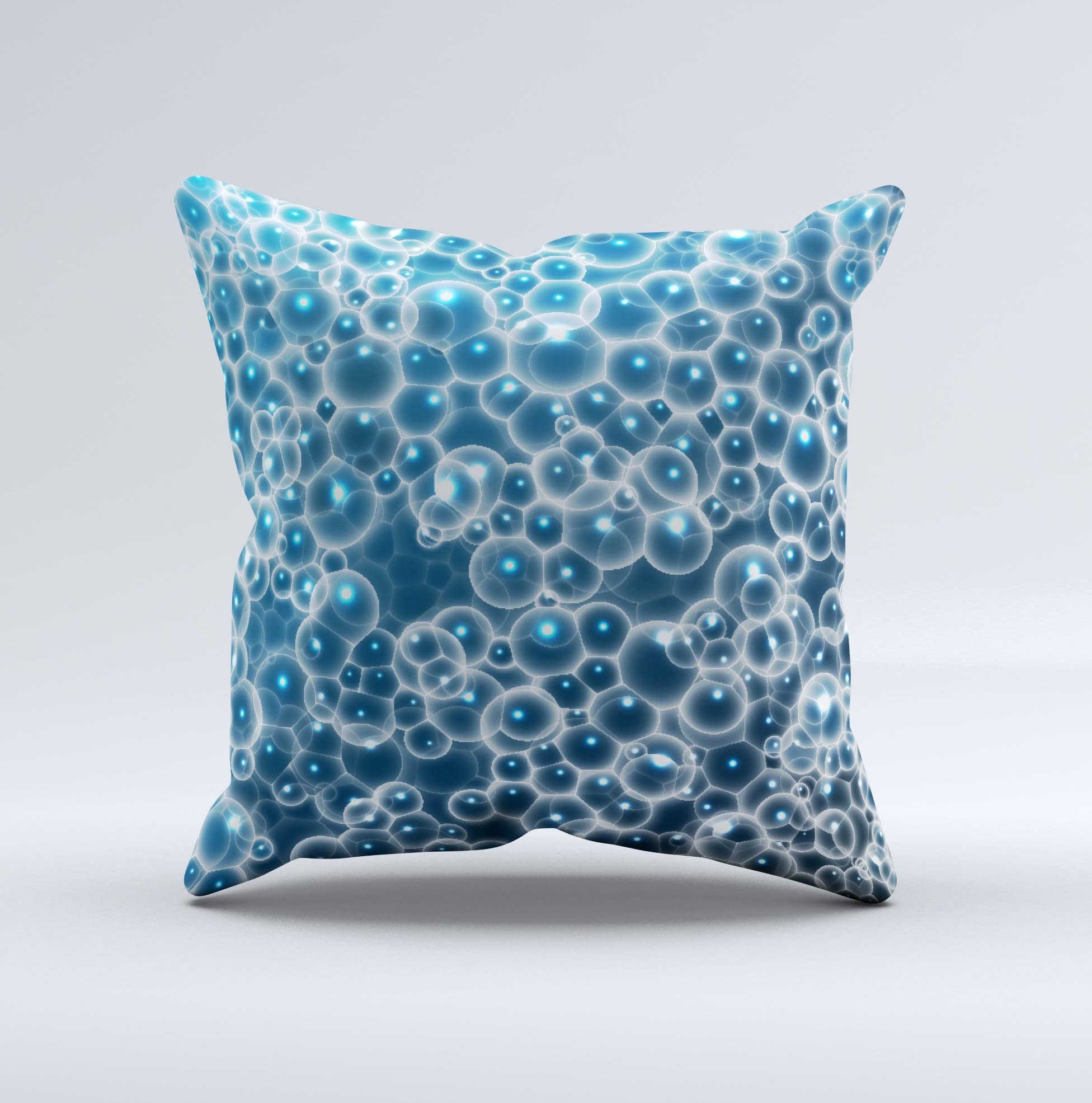 Glowing Blue Cells Ink-Fuzed Decorative Throw Pillow showcasing vibrant blue designs on a soft fabric, handcrafted in Virginia.