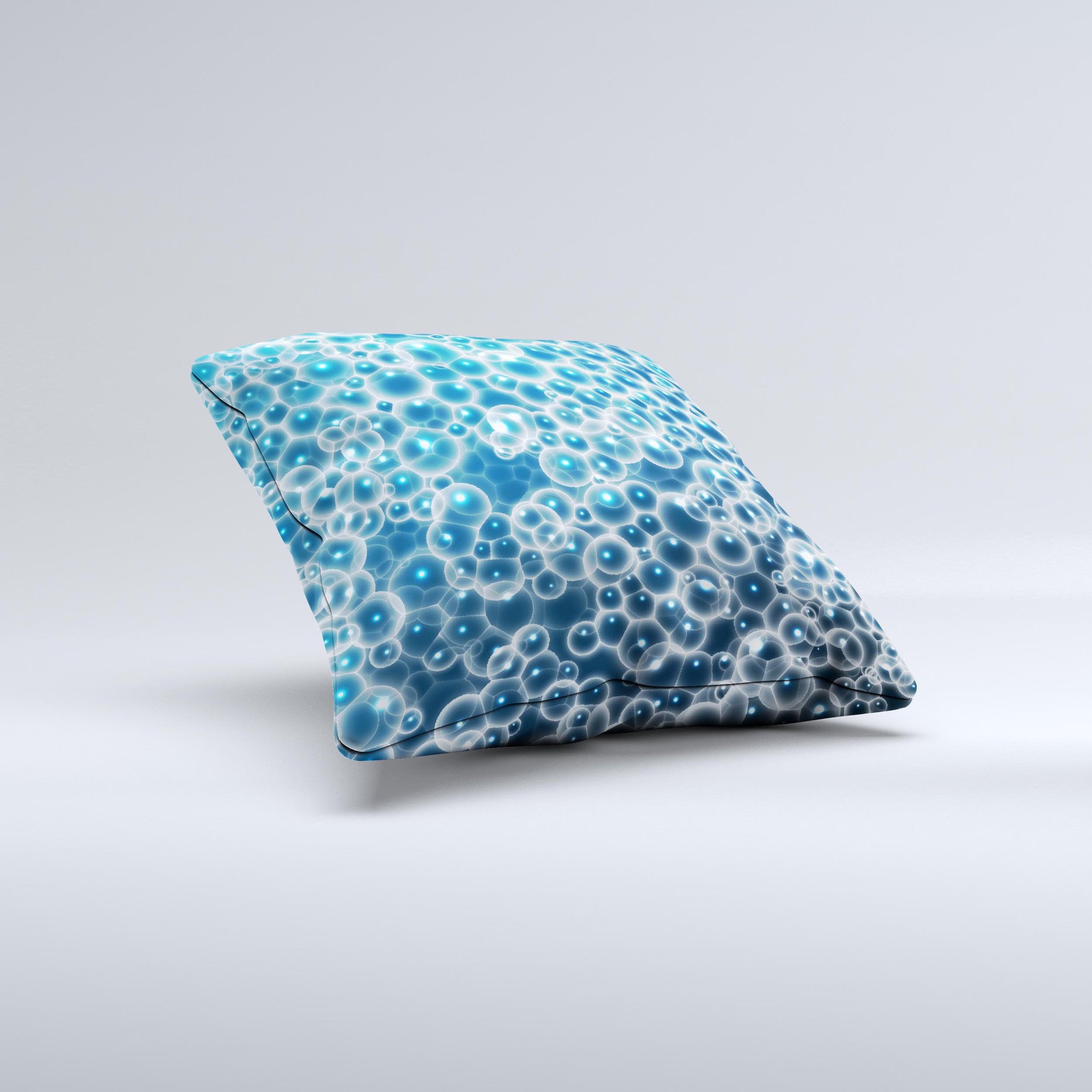 Glowing Blue Cells Ink-Fuzed Decorative Throw Pillow showcasing vibrant blue designs on a soft fabric, handcrafted in Virginia.