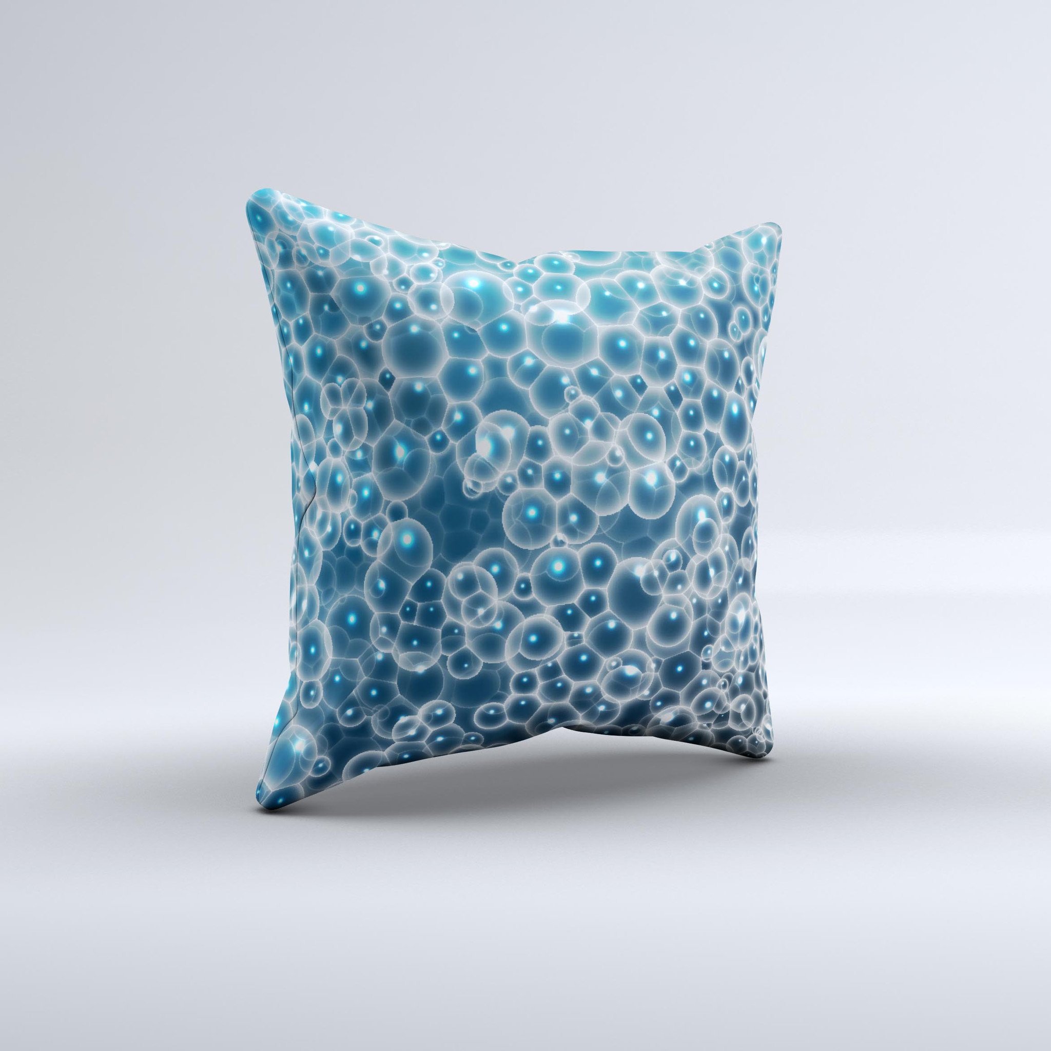 Glowing Blue Cells Ink-Fuzed Decorative Throw Pillow showcasing vibrant blue designs on a soft fabric, handcrafted in Virginia.