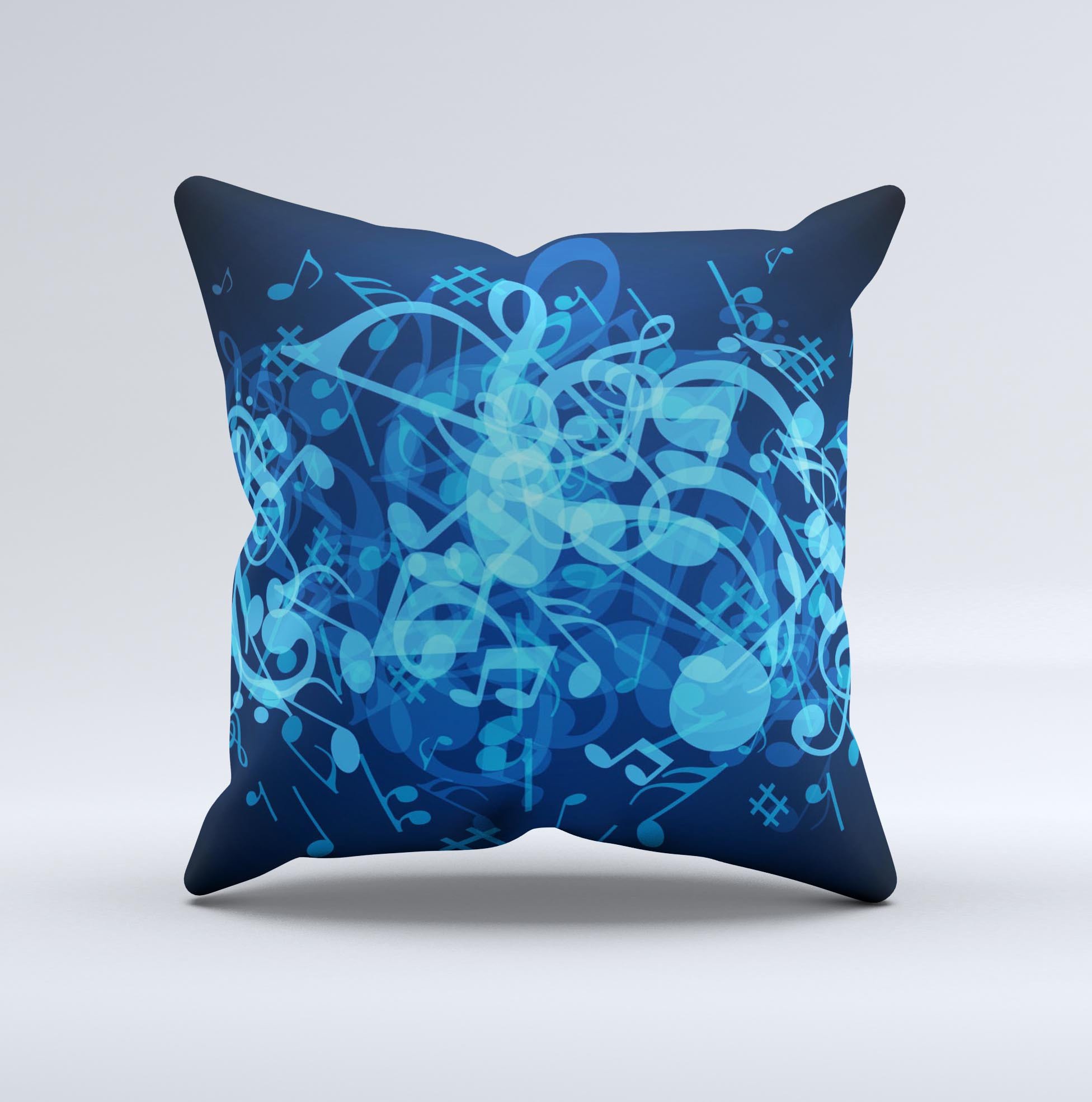 A decorative throw pillow featuring glowing blue music notes on a soft fabric, handcrafted in Virginia.