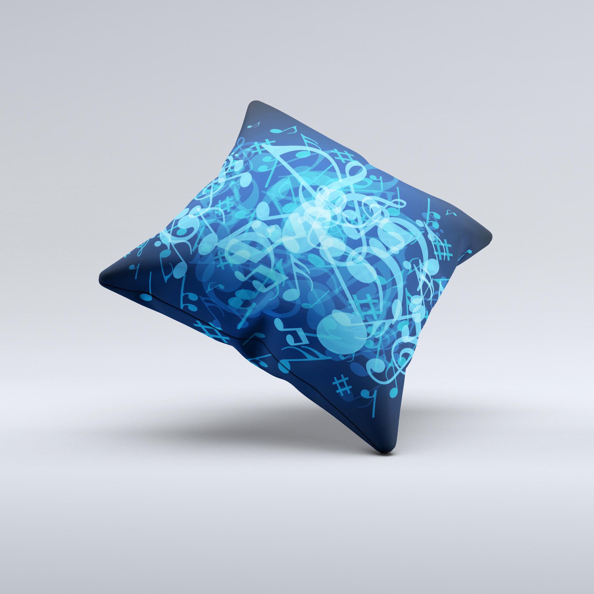 A decorative throw pillow featuring glowing blue music notes on a soft fabric, handcrafted in Virginia.